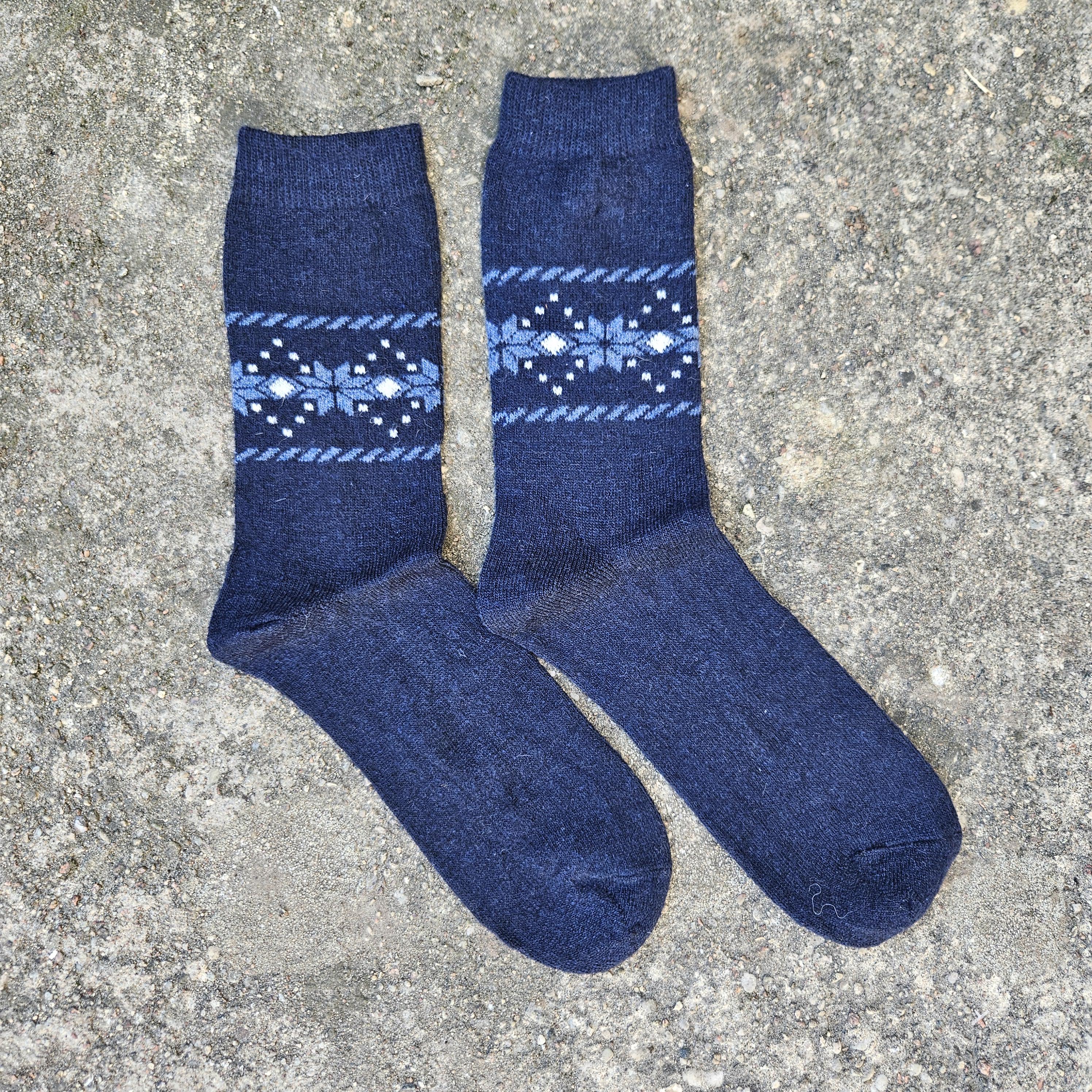 Thin Merino Wool Socks – Black Nordic Snowflakes | Lightweight Hiking & Winter Warmth
