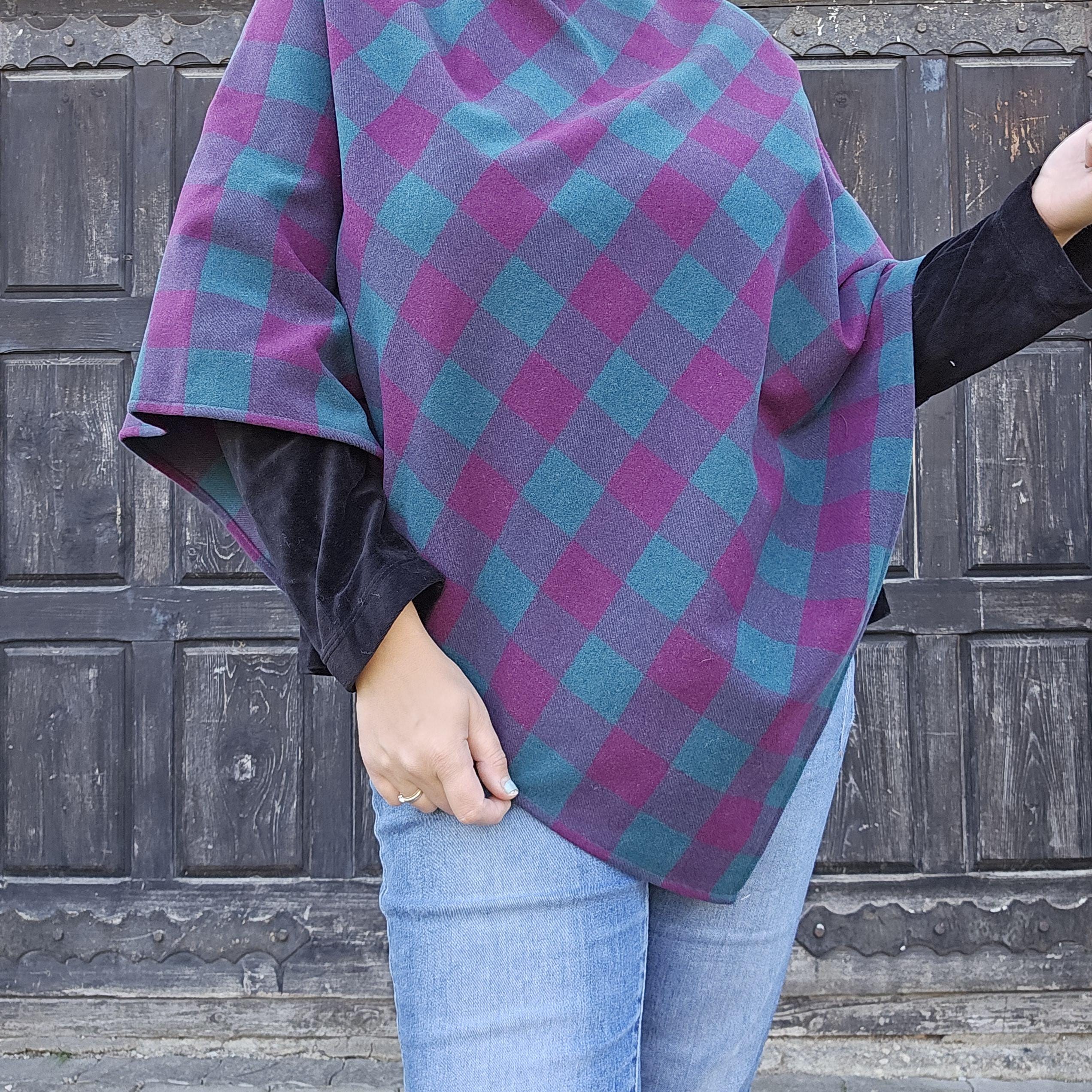 Wool Poncho Cape Kiruna - Hooded Blue Purple Check Lambswool Cape for Women & Men