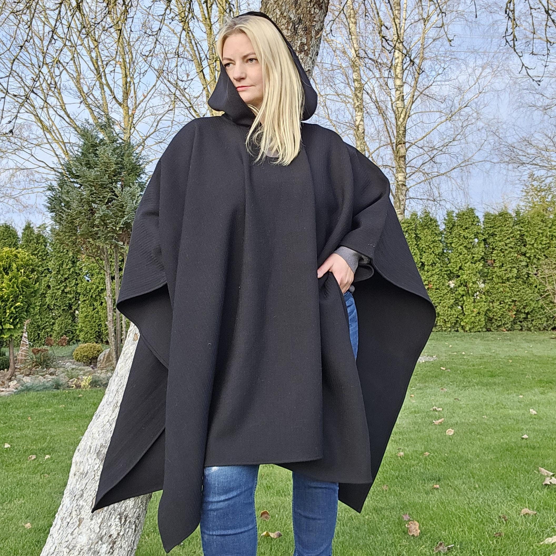 wool cape poncho ruana for men or women in black
