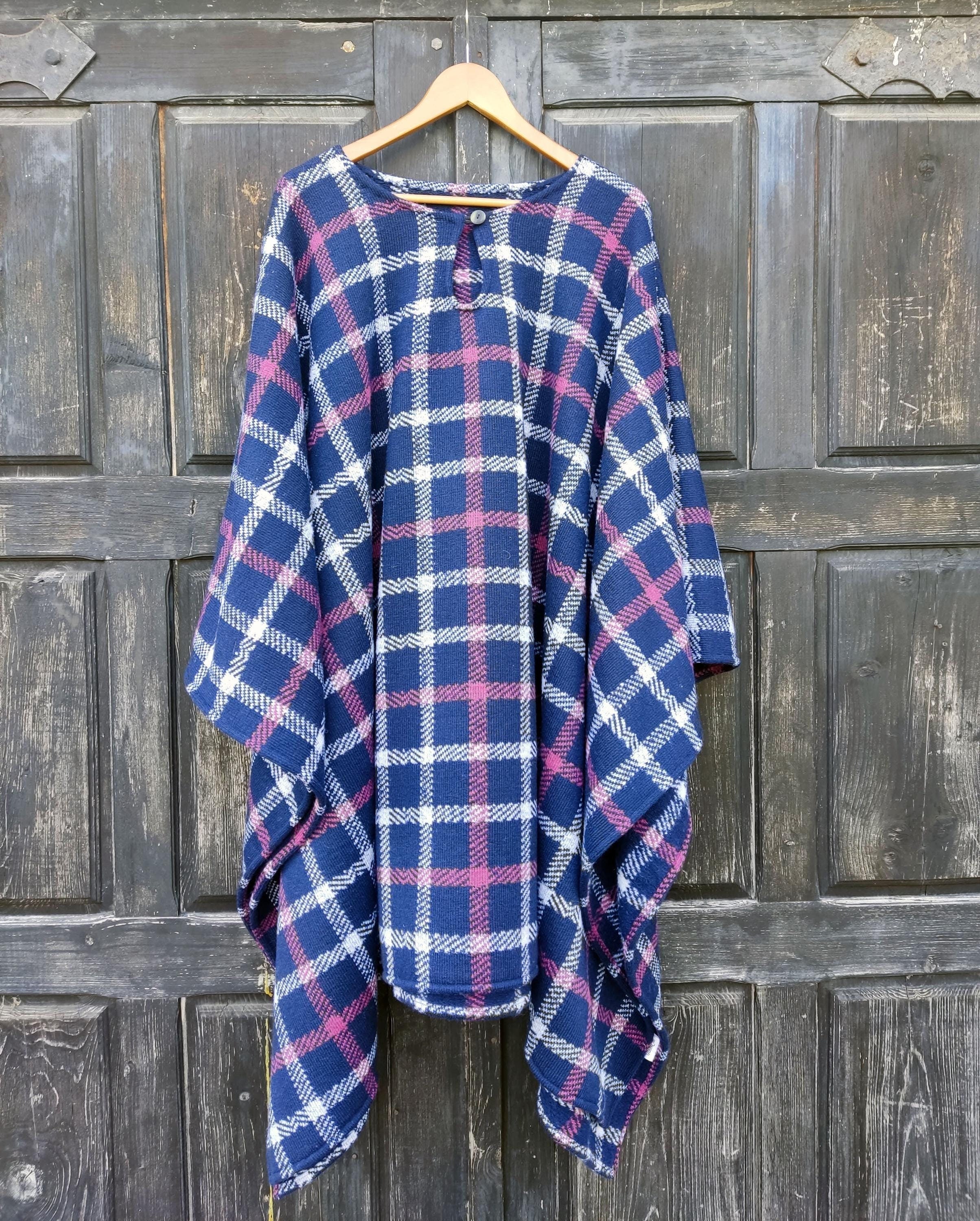 Wool poncho OLAND, Unisex ruana cape, navy gingham check wool blanket poncho with or without  hood, Comfortable cape cloak shawl outdoor