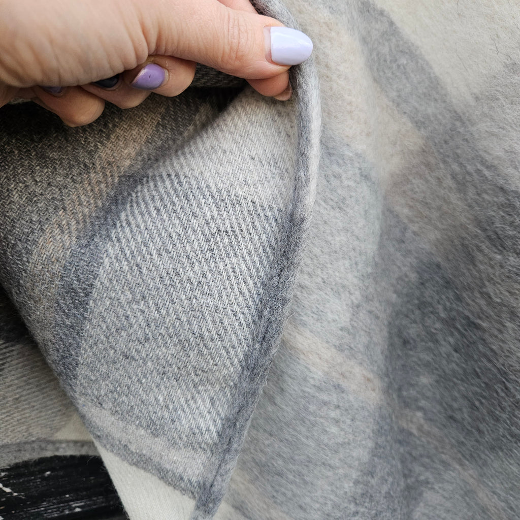 Grey Plaid WOOL Poncho with Hood: Gingham Cape Ruana