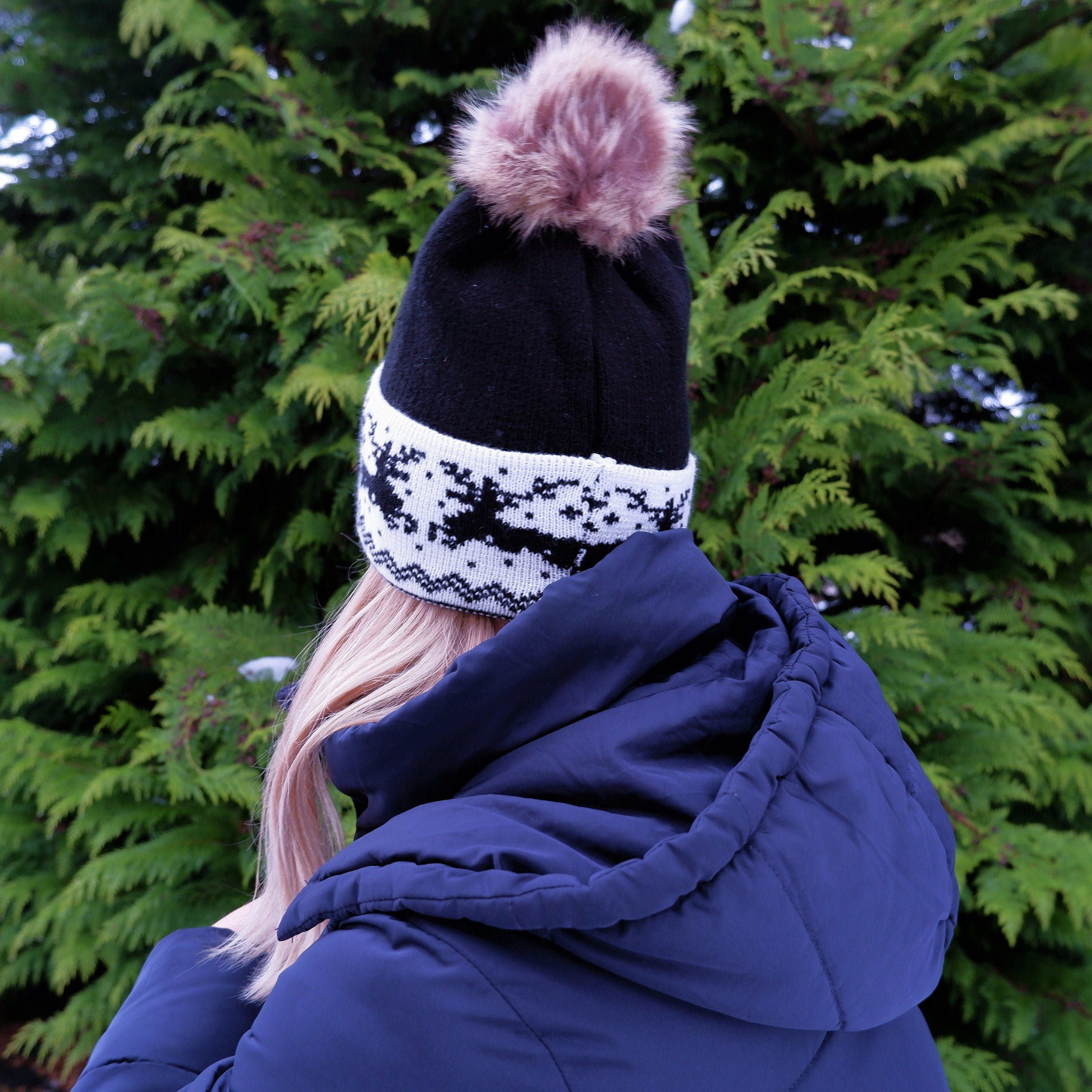 Knitted Wool Hat - 100% Merino Wool Beanie with Faux Fur Pom Pom & Moose Pattern