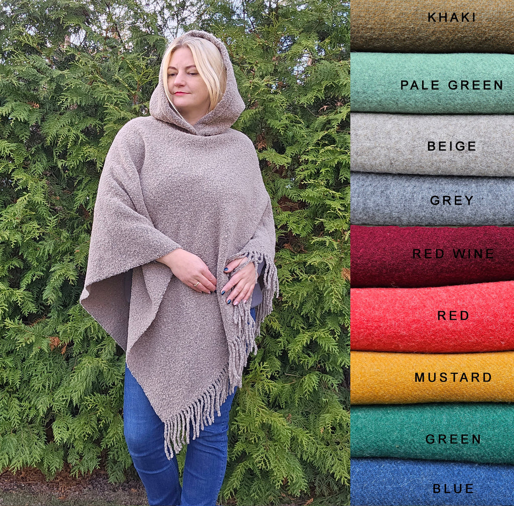 Wool Blanket Poncho – Hooded Wool Cape with Fringes | Cozy Winter Wrap