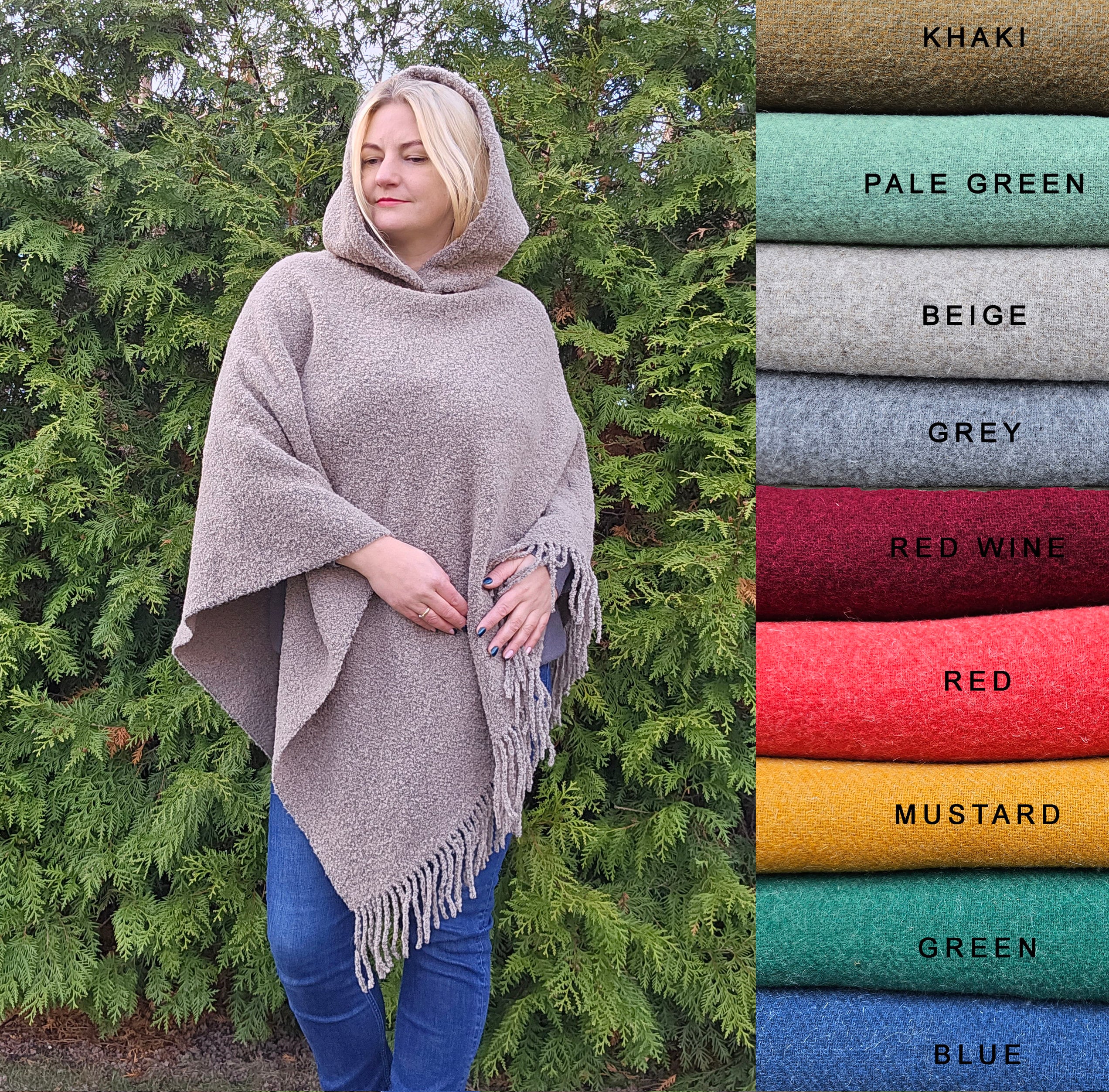 Wool Blanket Poncho – Hooded Wool Cape with Fringes | Cozy Winter Wrap