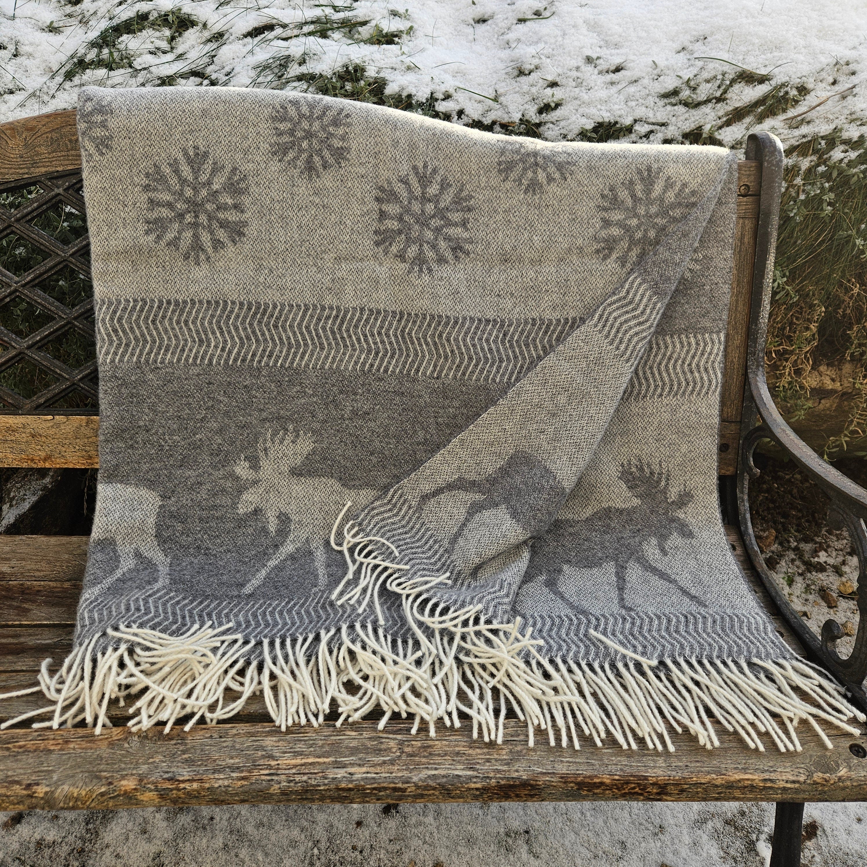 Wool Reindeer Blanket – Double Sided Warm Lambswool Plaid | Scandinavian Style Throw