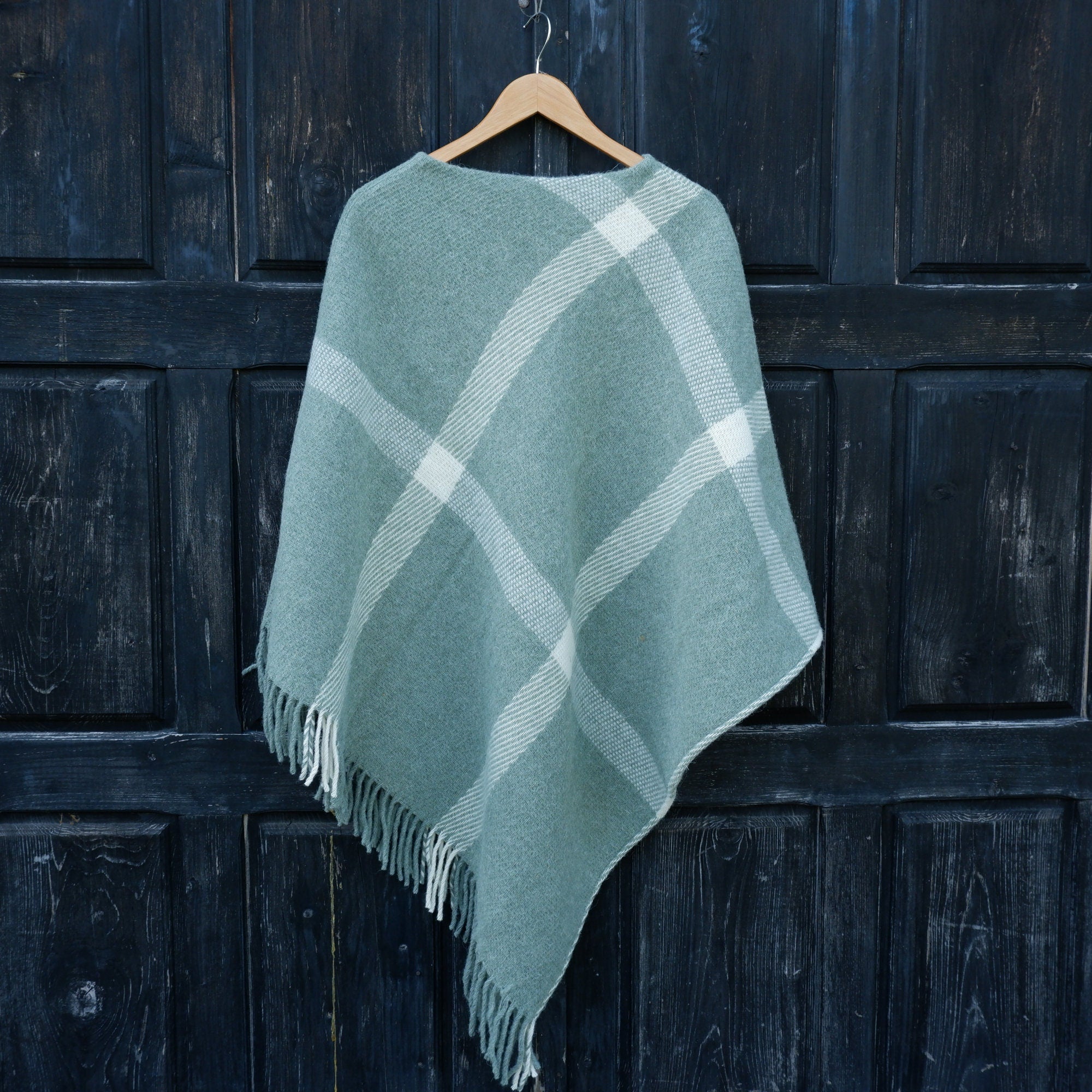 Green Wool Poncho Kiruna - Hooded Wool Blanket Cape with Fringes for Outdoor Comfort