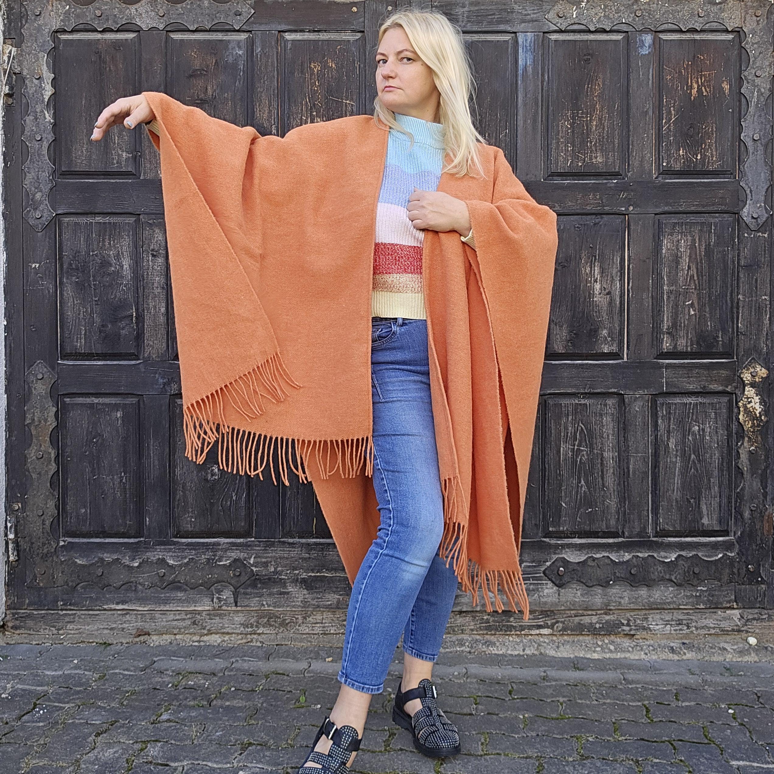 Merino Wool Poncho Umea – Reversible Wool Shawl Wrap With Fringe, Durable Outdoor Cape