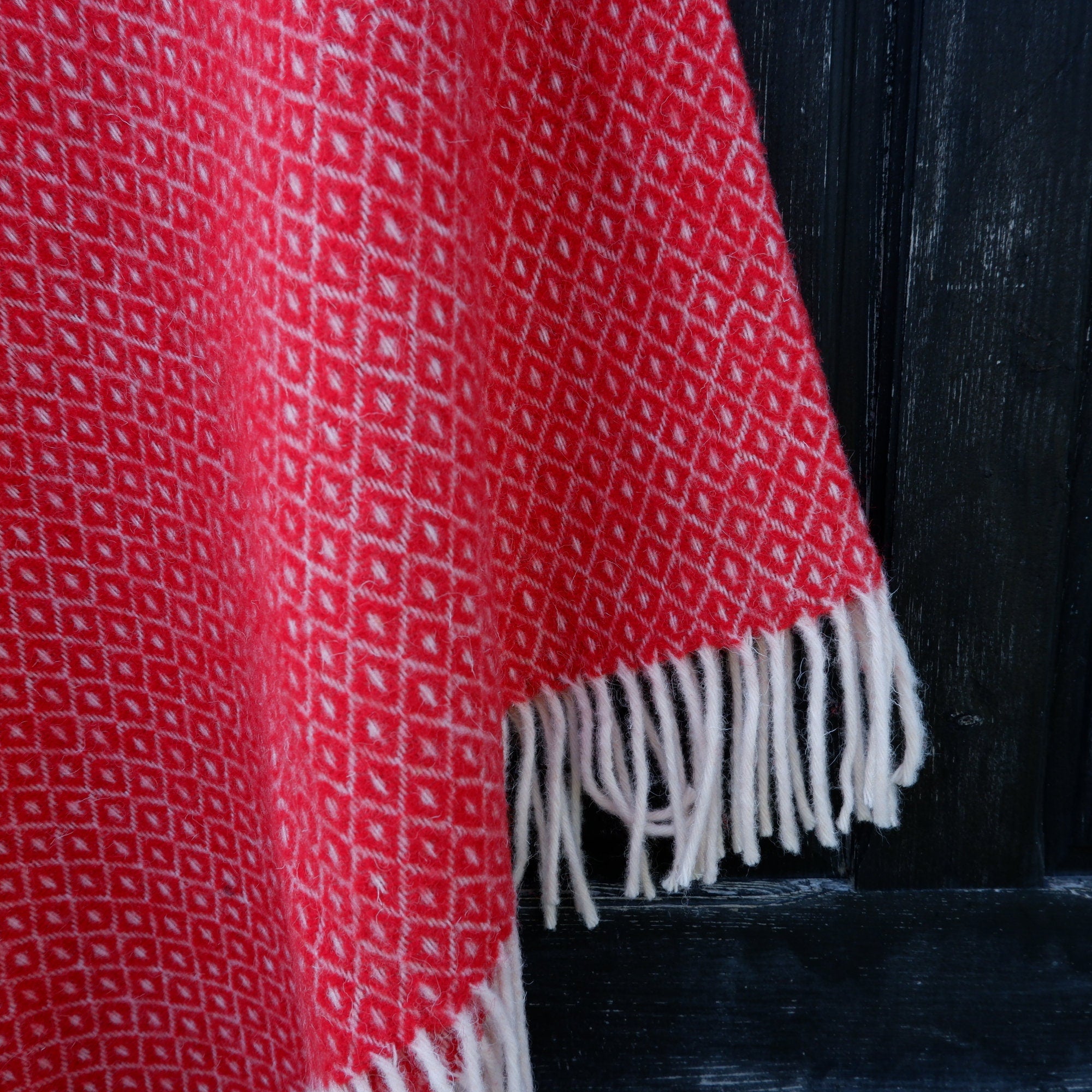 Red Wool Poncho – Hooded Wool Cape With Fringes, Comfortable Outdoor Wrap