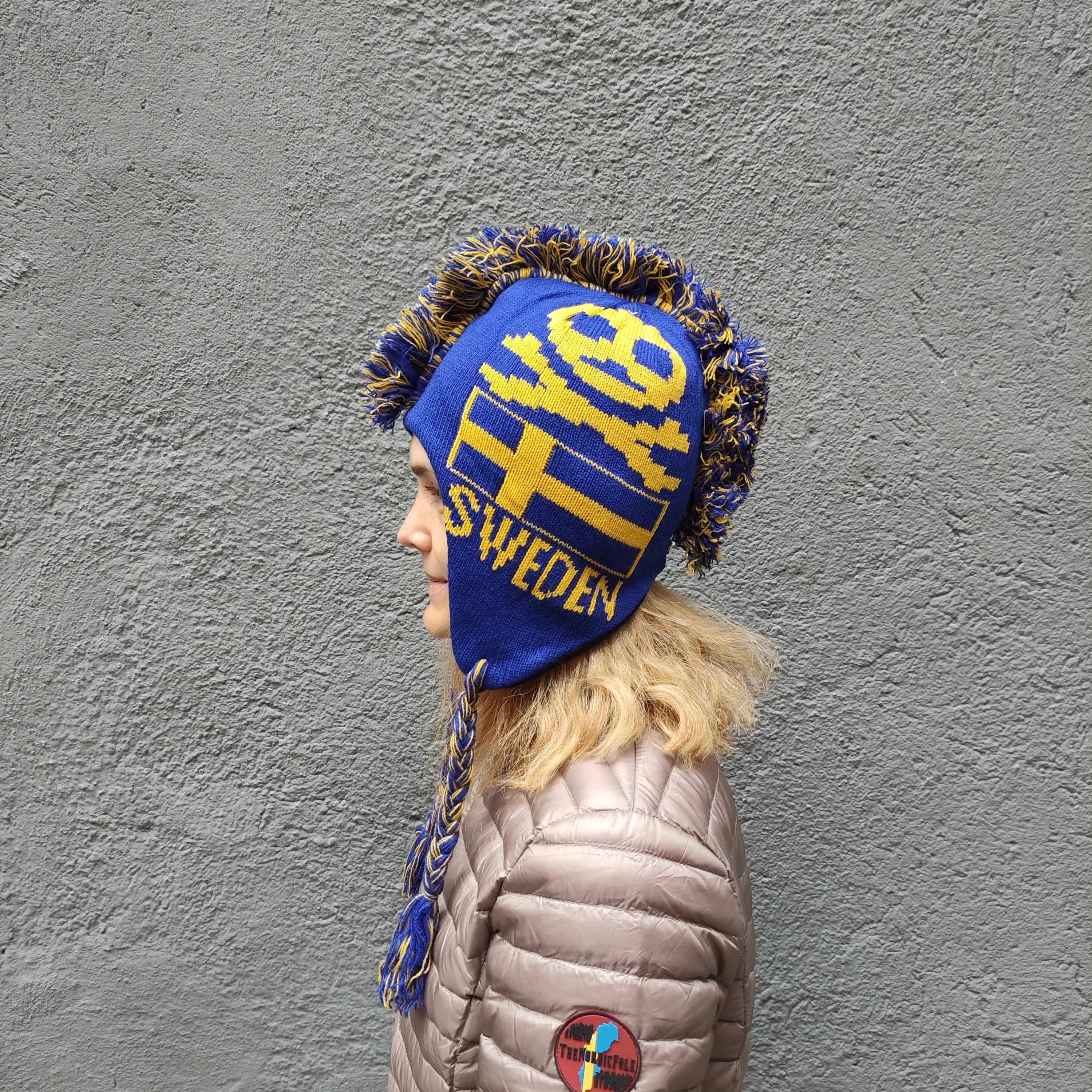 Merino Wool Hat - Warm Knitted Hat With Earflaps | Blue Skull Punk Design