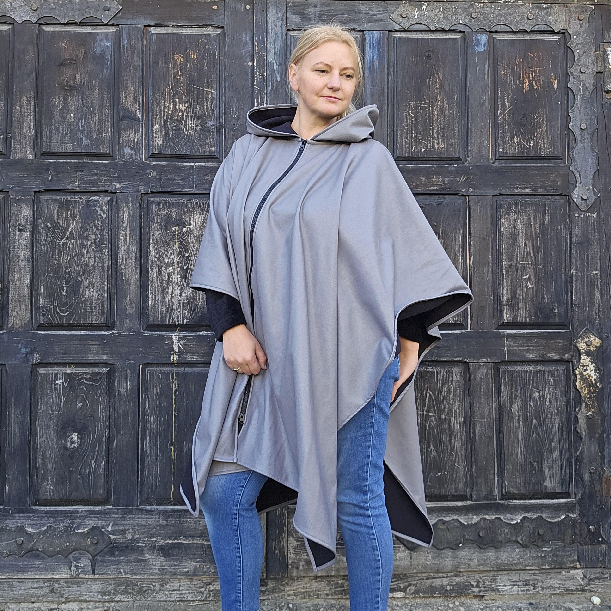 Rain Poncho Waterproof - Unisex Ruana Cape With Zip, Hooded Lightweight Windproof Cloak