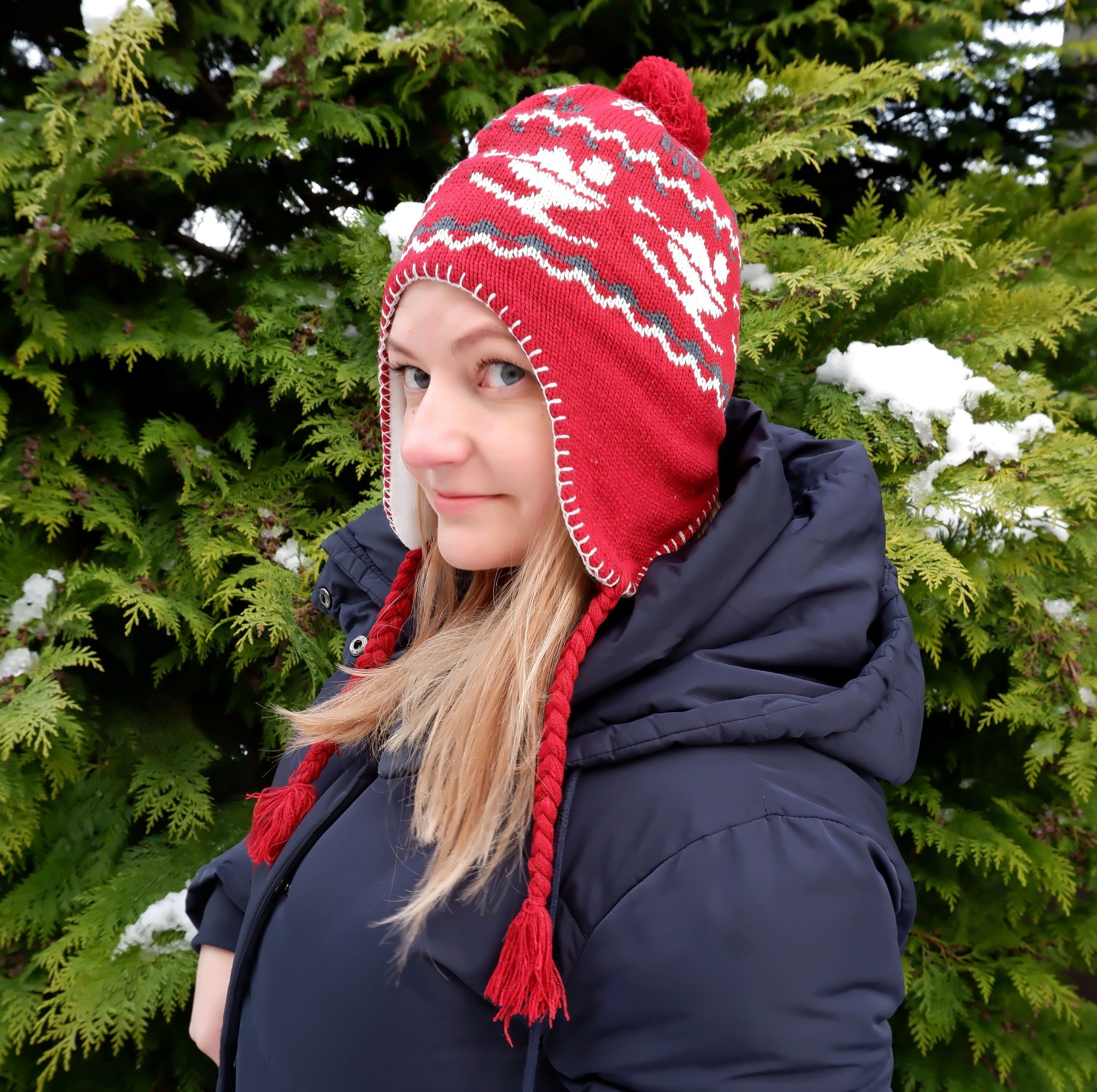 Merino Wool Hat – Warm Winter Earflap Beanie with Patterned Fleece Lining