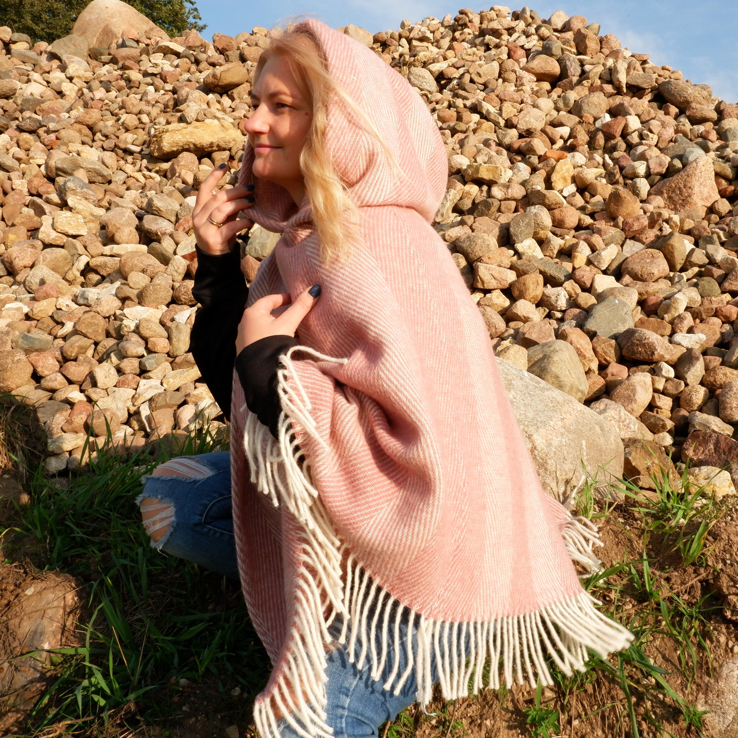 Pink Wool Poncho - Hooded Wool Cape Blanket With Fringes | Cozy Outdoor Layering