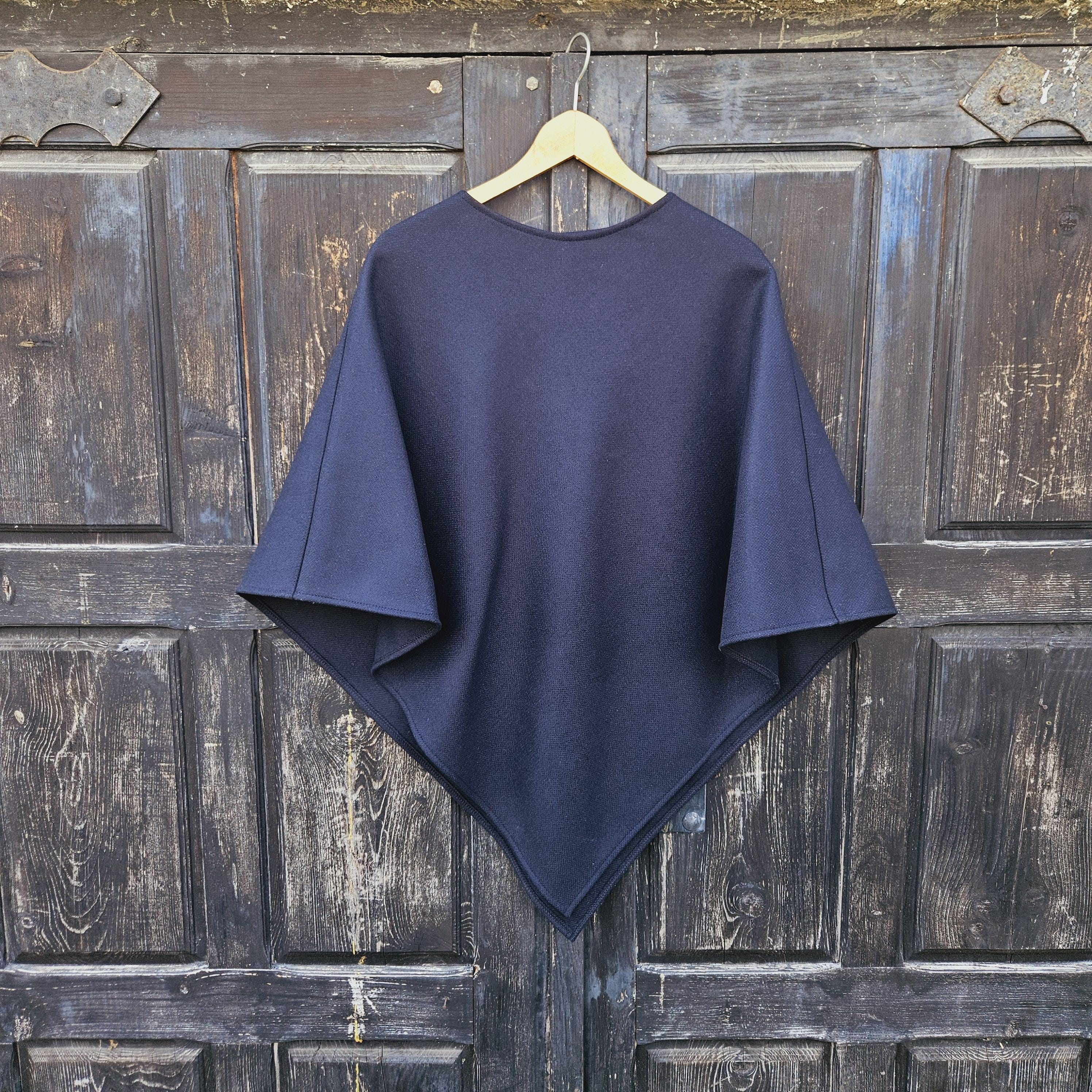 Wool Blanket Poncho - Hooded Wool Cape Grey Ruana with Fringed Shawl for Outdoor