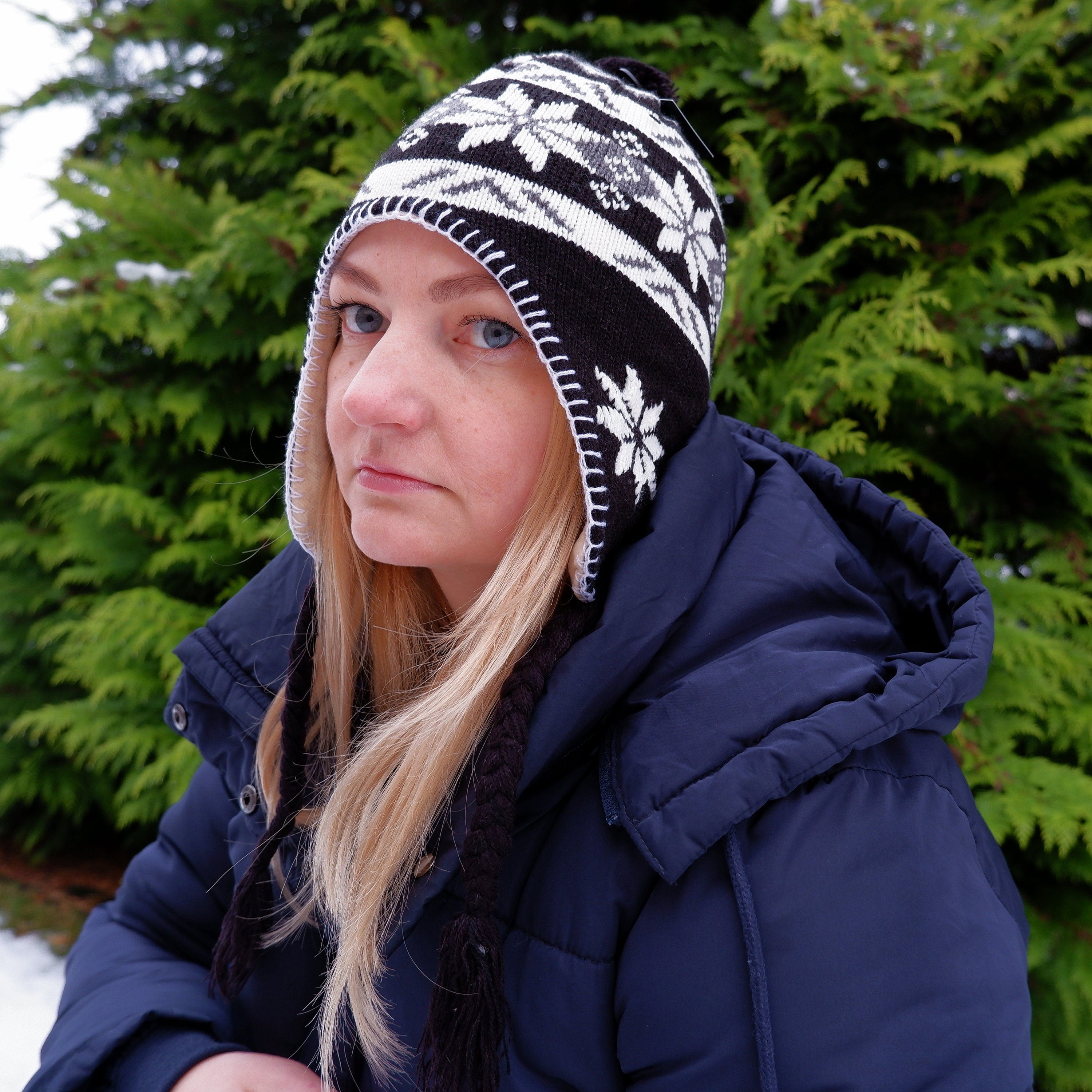 Merino Wool Hat - Warm Knitted Earflap Beanie with Fleece Lining for Winter