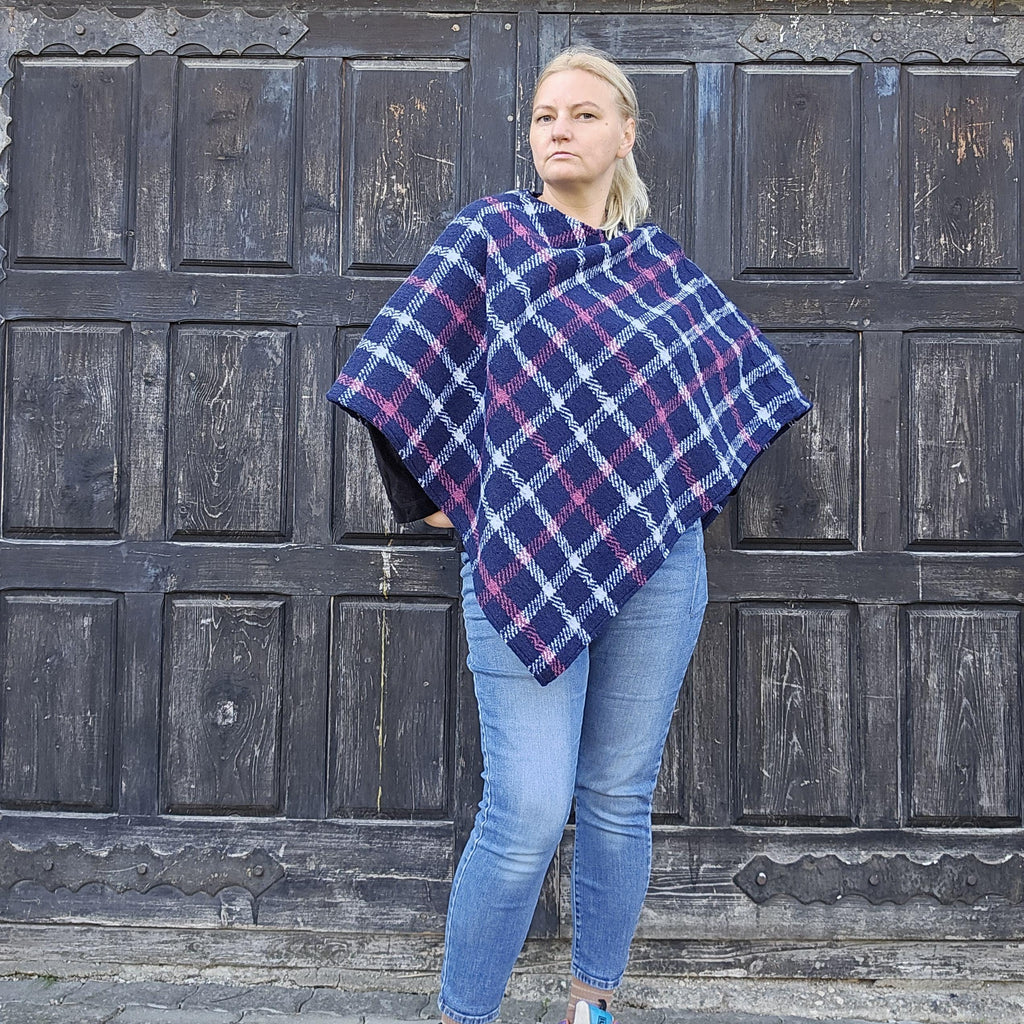Wool Blanket Poncho - Blue Checked Hooded Wool Cape, Comfortable Outdoor Ruana