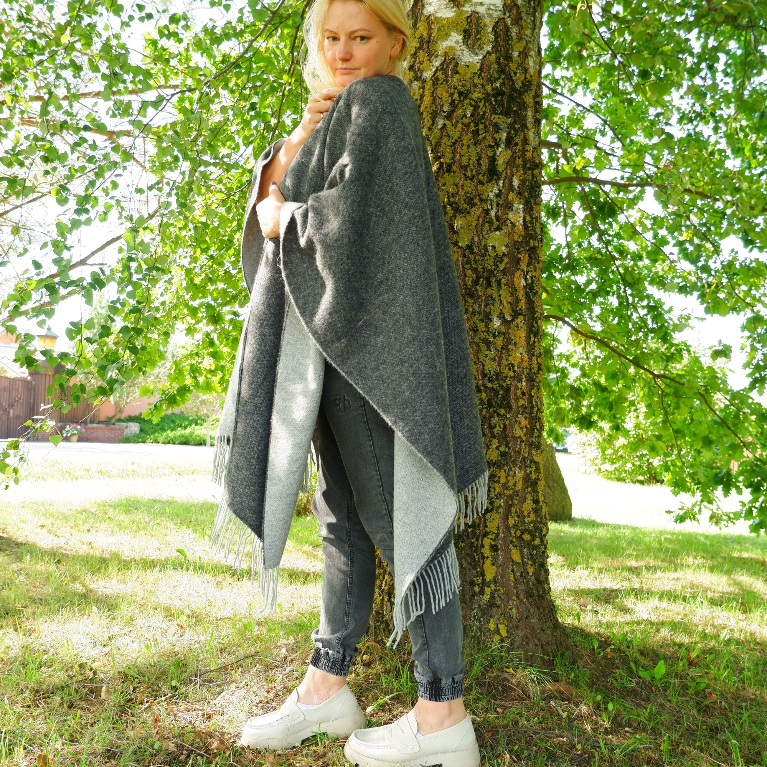 Merino Wool Poncho Umea – Reversible Wool Cape Wrap, Soft Warm Outdoor Shawl