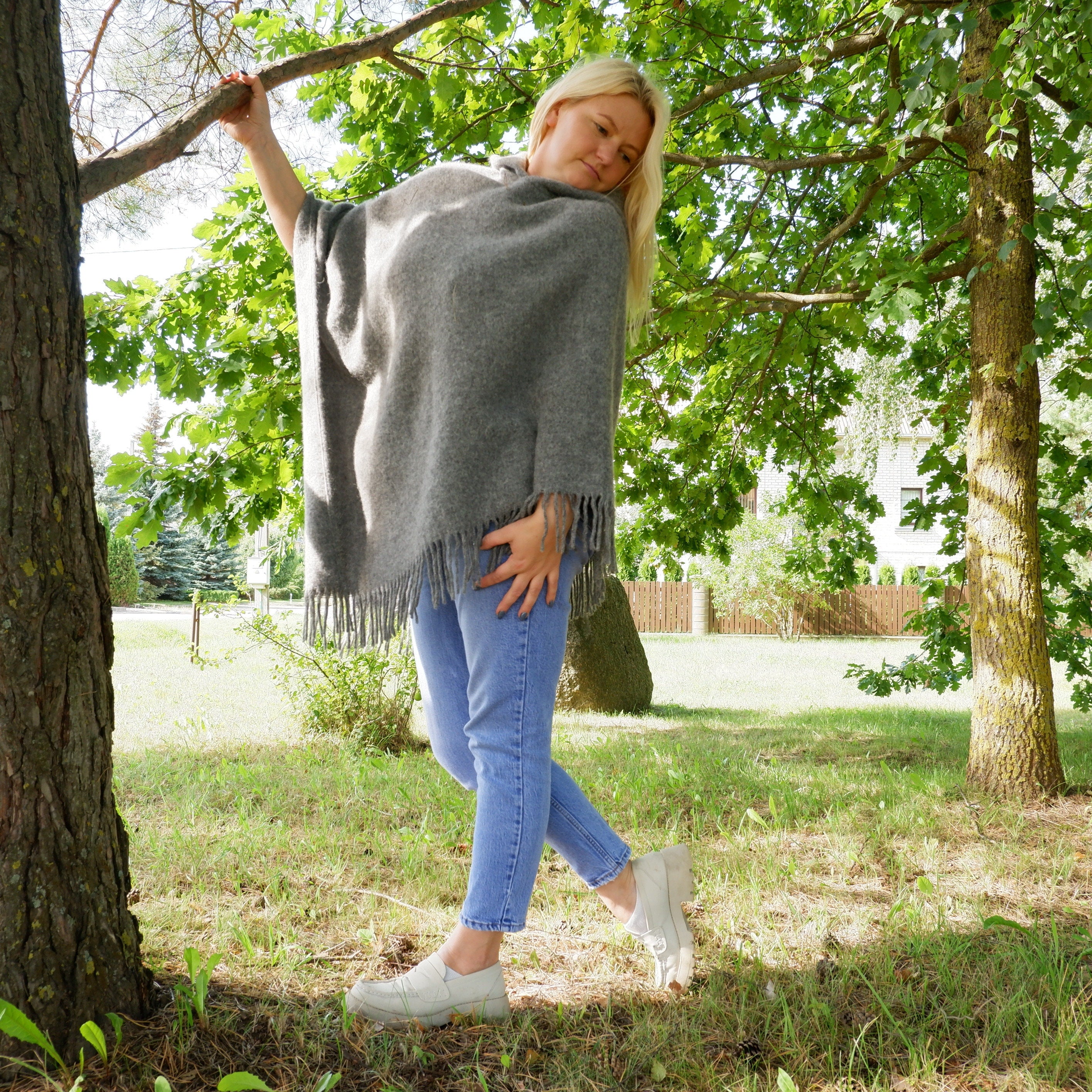 wool blanket poncho with hood -Kiruna - hooded or without hood cape ruana with fringes -  Comfortable wool cape for outdoor - In2Nord