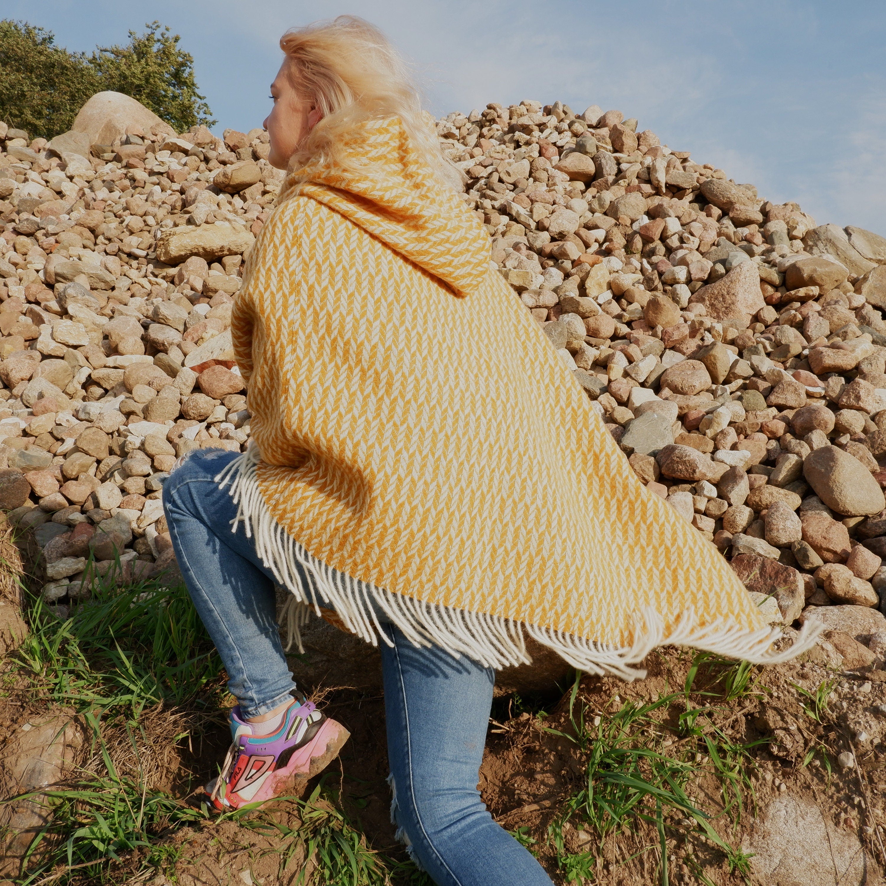 Yellow Wool Poncho – Hooded Wool Blanket Cape with Fringes for Outdoor Comfort