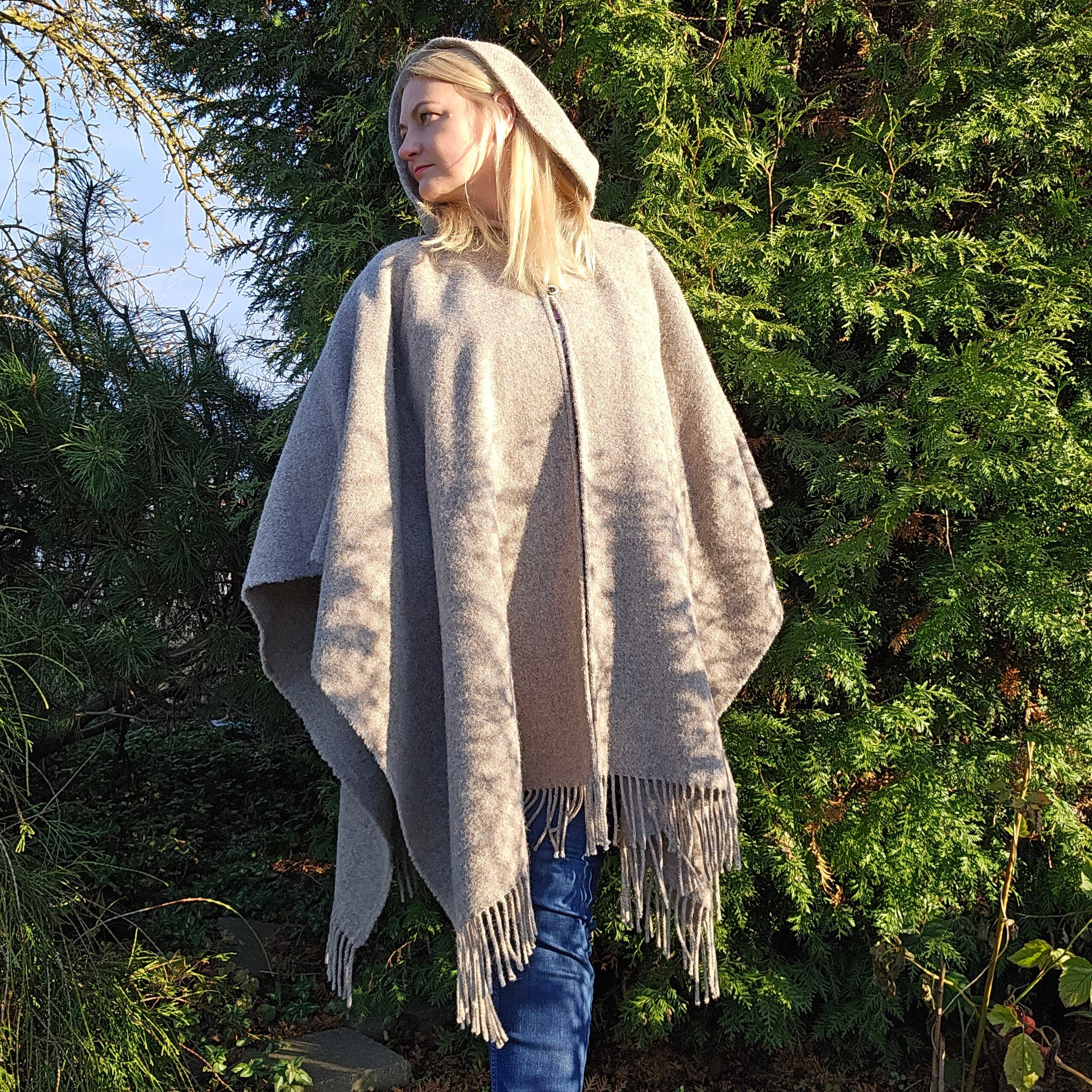 Wool Blanket Poncho – Unisex Grey Herringbone Hooded Cape with Fringes