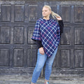 wool poncho cape in blue check, 100% wool triangle poncho ruana cape