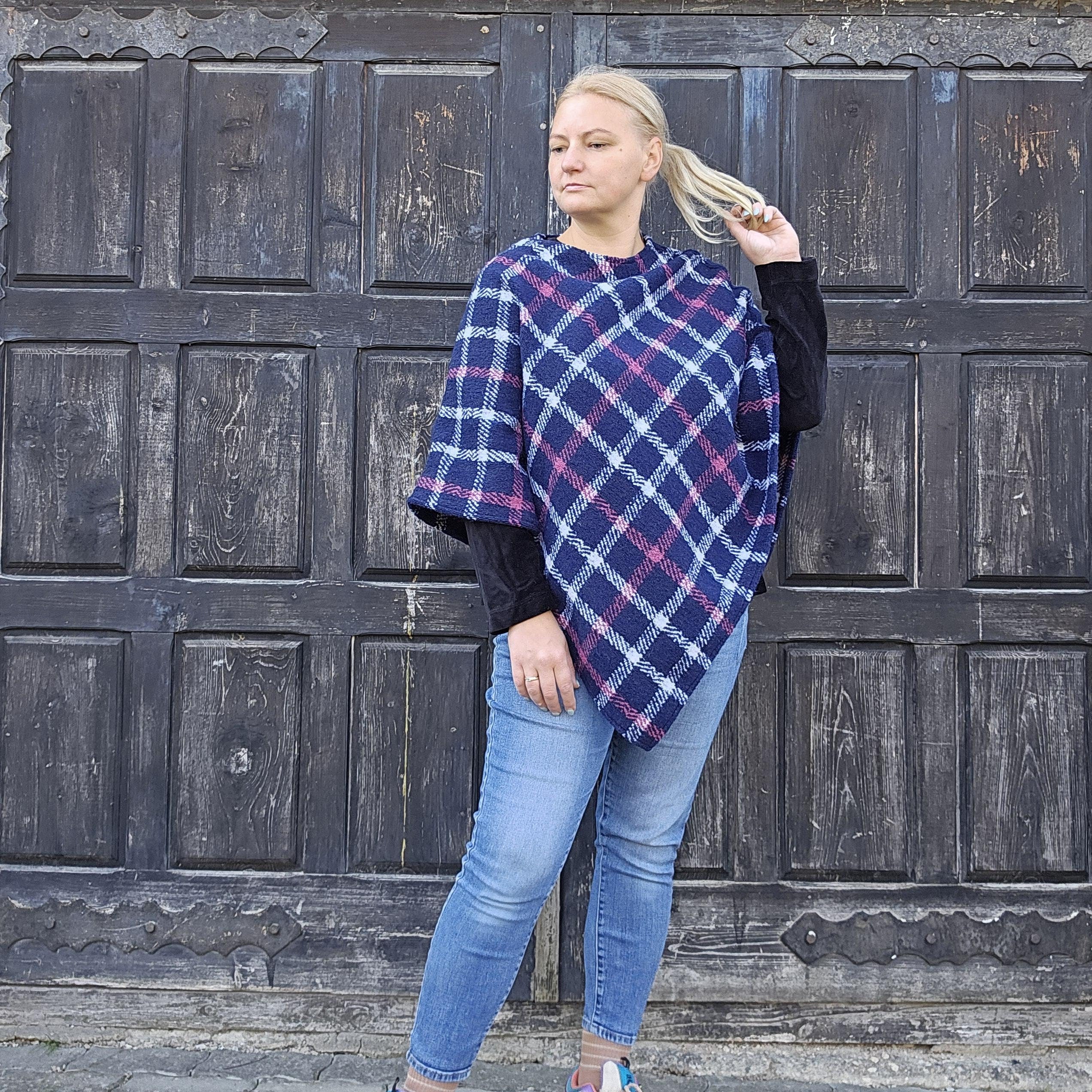 wool poncho cape in blue check, 100% wool triangle poncho ruana cape