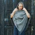 Wool Blanket Poncho – Hooded Wool Cape with Fringes | Comfortable Outdoor Grey Shawl