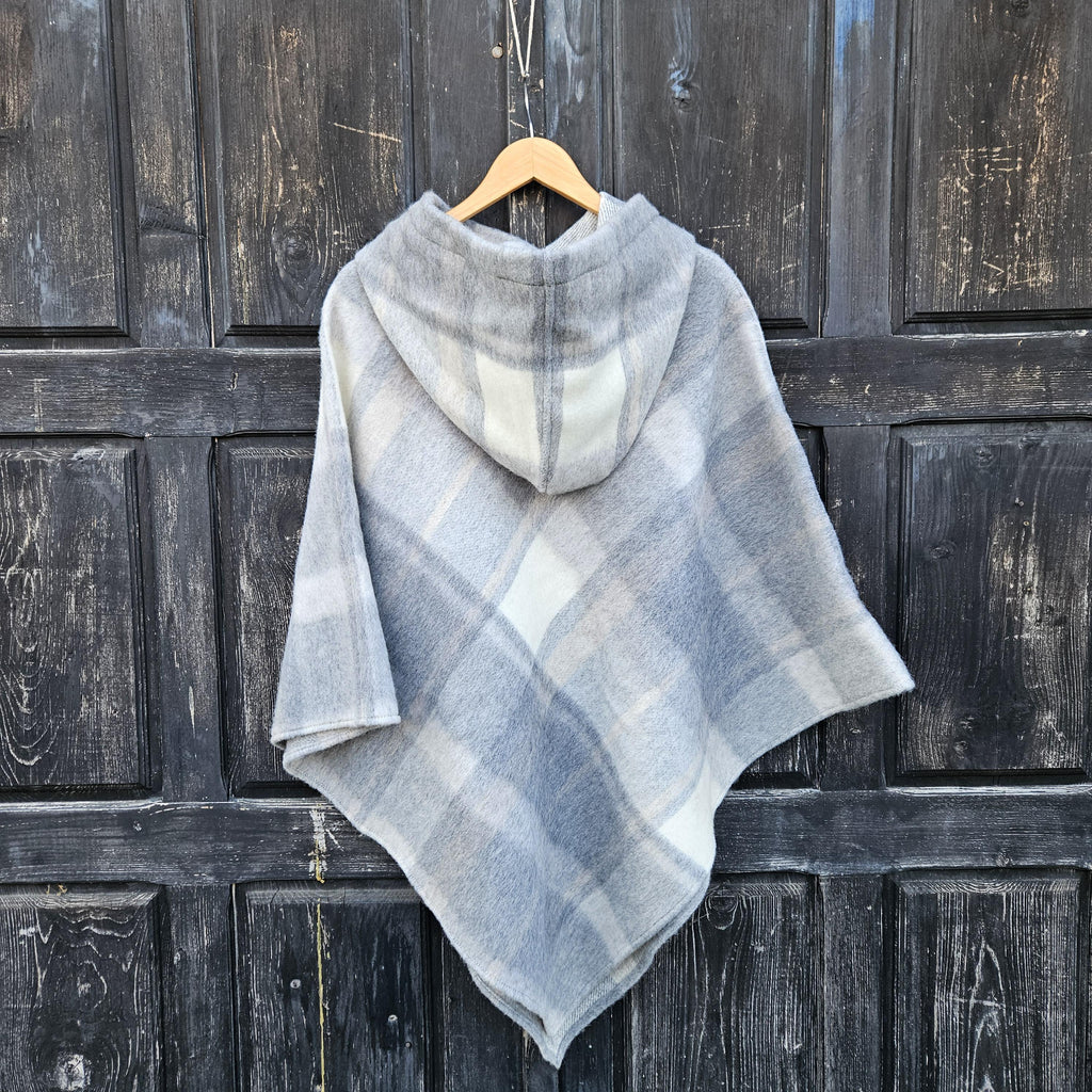 Grey Plaid WOOL Poncho with Hood: Gingham Cape Ruana
