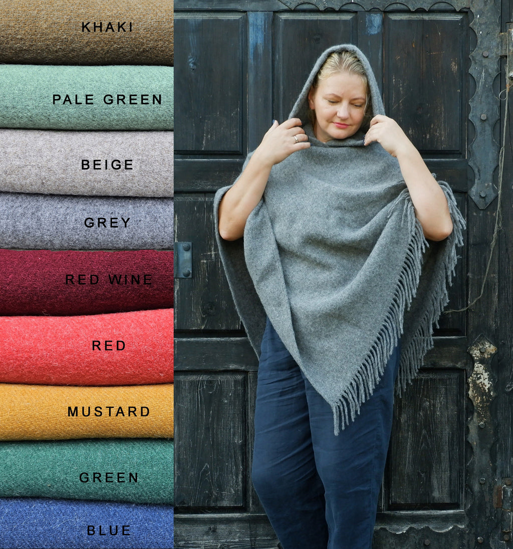 Wool Blanket Poncho – Hooded Wool Cape with Fringes | Comfortable Outdoor Grey Shawl