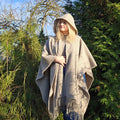Wool Blanket Poncho – Unisex Grey Herringbone Hooded Cape with Fringes