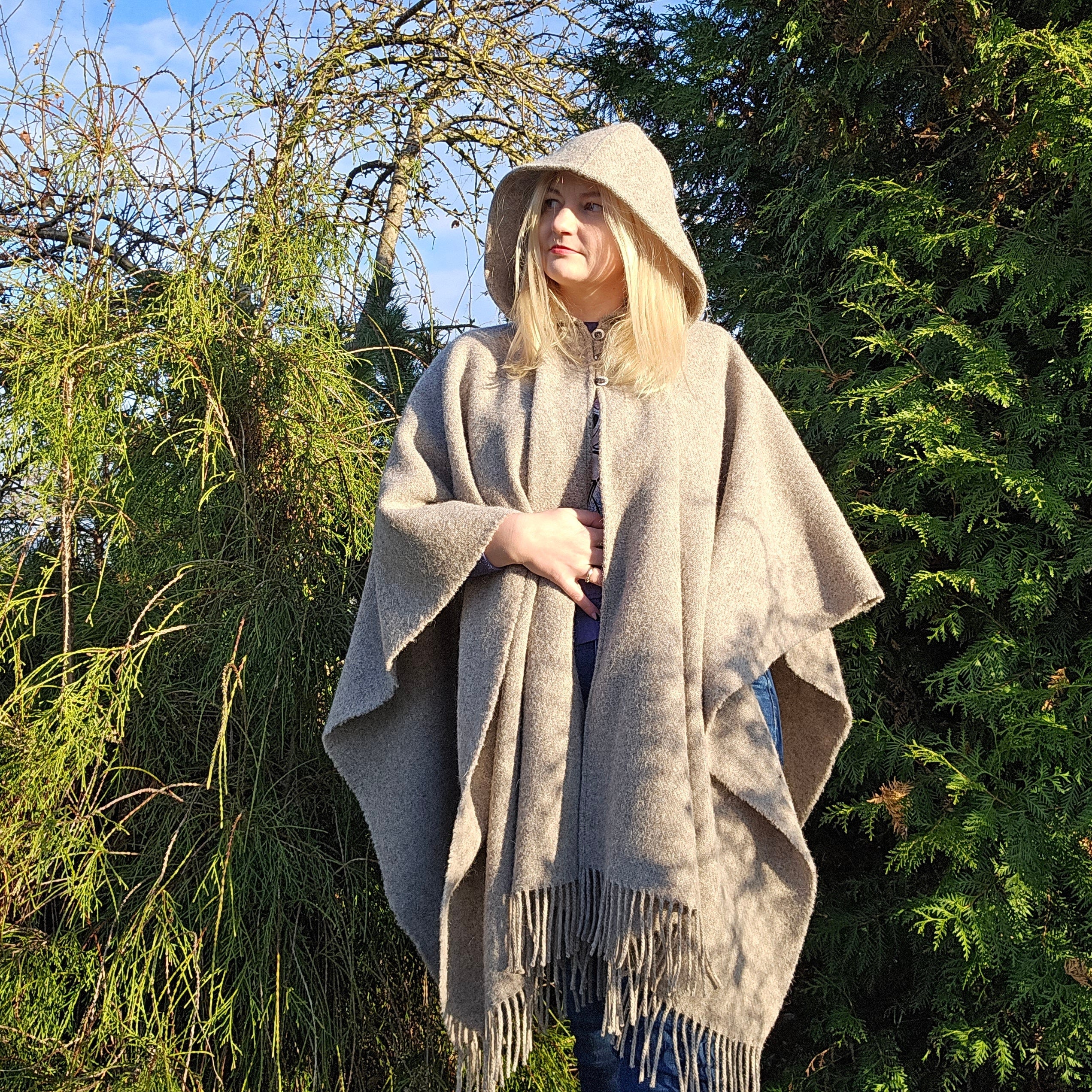 Wool Blanket Poncho – Unisex Grey Herringbone Hooded Cape with Fringes