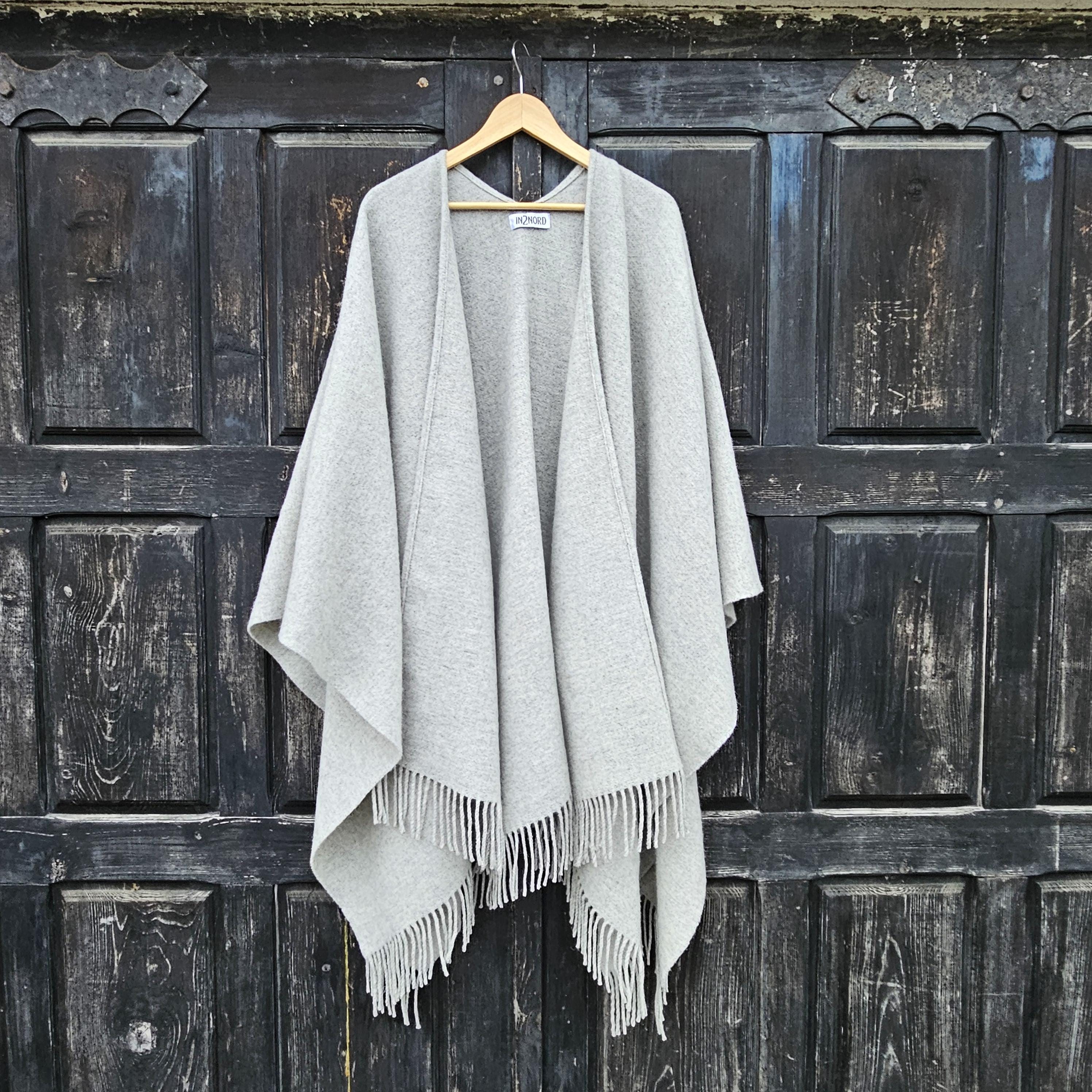 Merino Wool Poncho Umea - Gray Wool Cape Wrap With Classic Fringe, Reversible Outdoor Shawl
