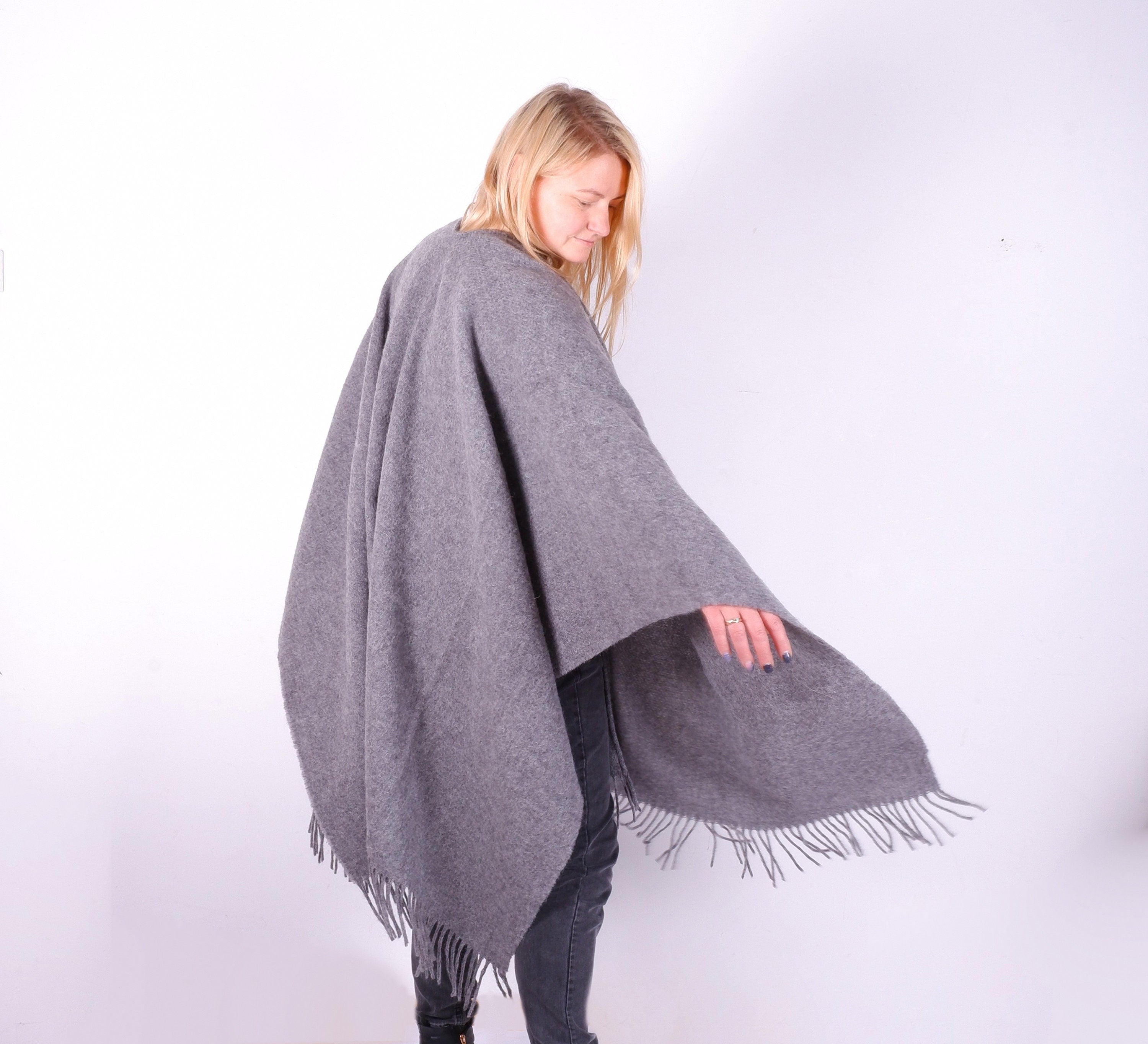 Wool Poncho Wrap Umea | Warm Outdoor Poncho, Reversible Soft Wool Cape, Classic Design