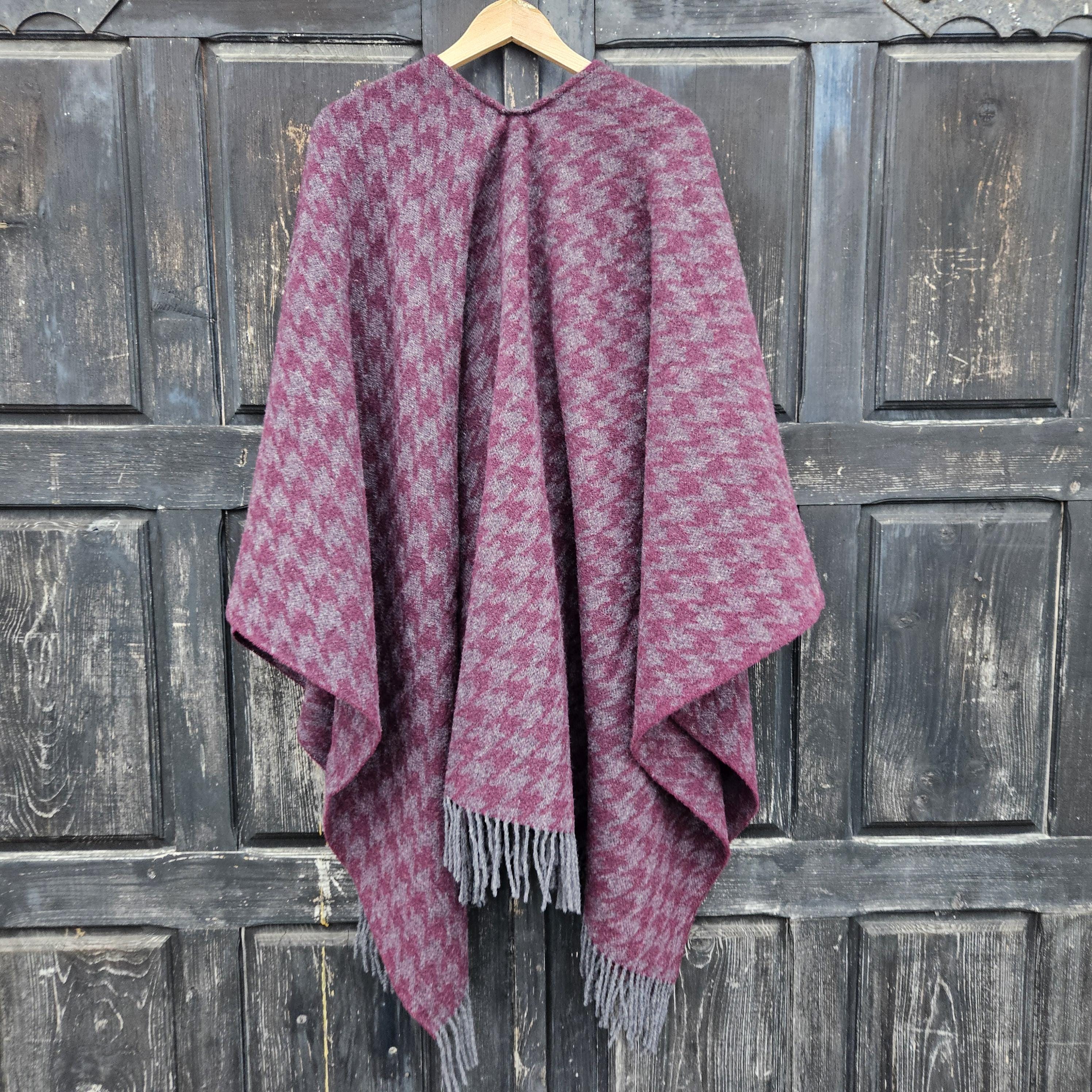 Wool Poncho Wrap Umea - Natural Wool Cape Outdoor | One Size Shawl With Fringes