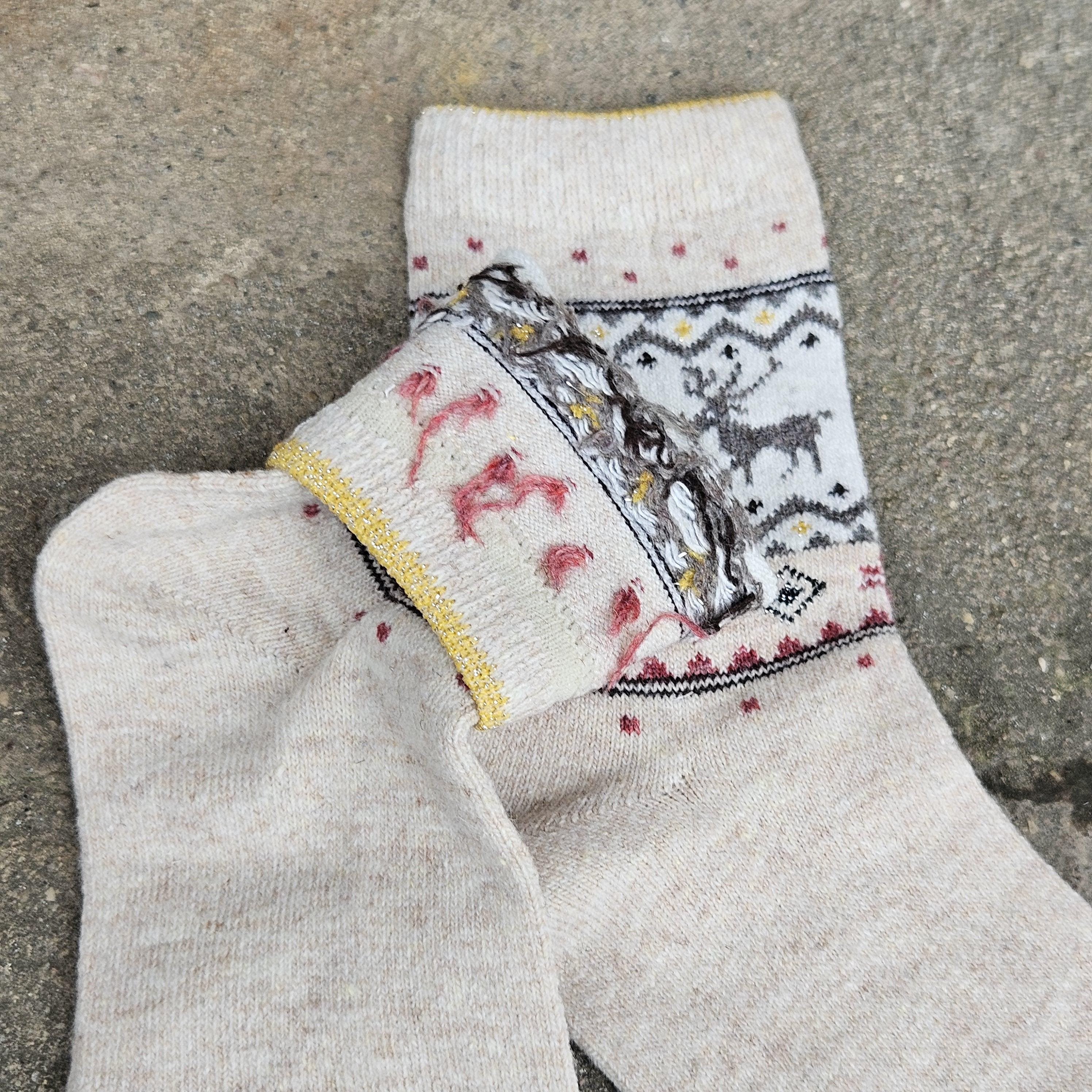 Thin Merino Wool Socks - Nordic Warm Reindeer Pattern Cozy Hiking Socks Size EUR 35-42