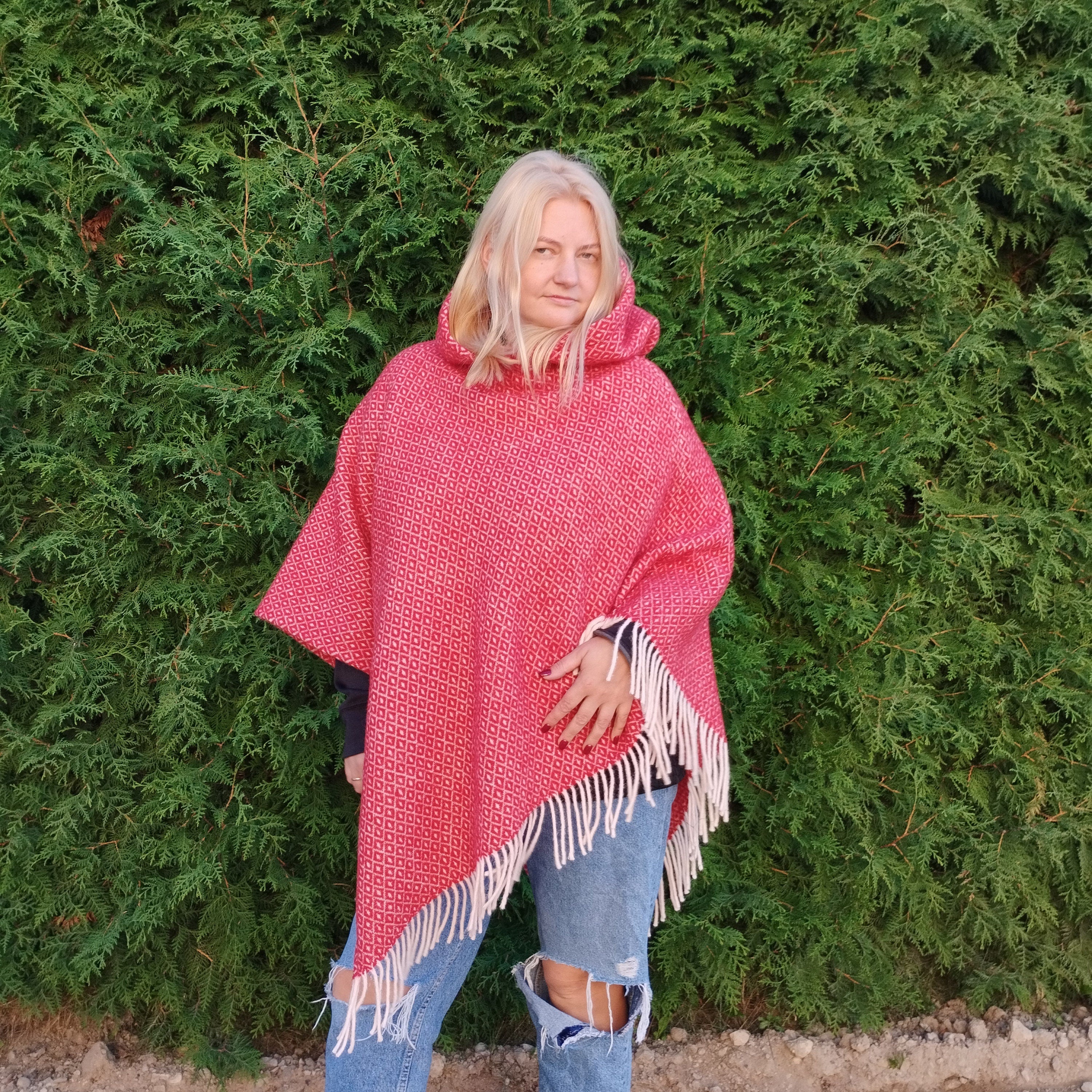 Red Wool Poncho – Hooded Cape With Fringed Ruana, Outdoor Wool Blanket