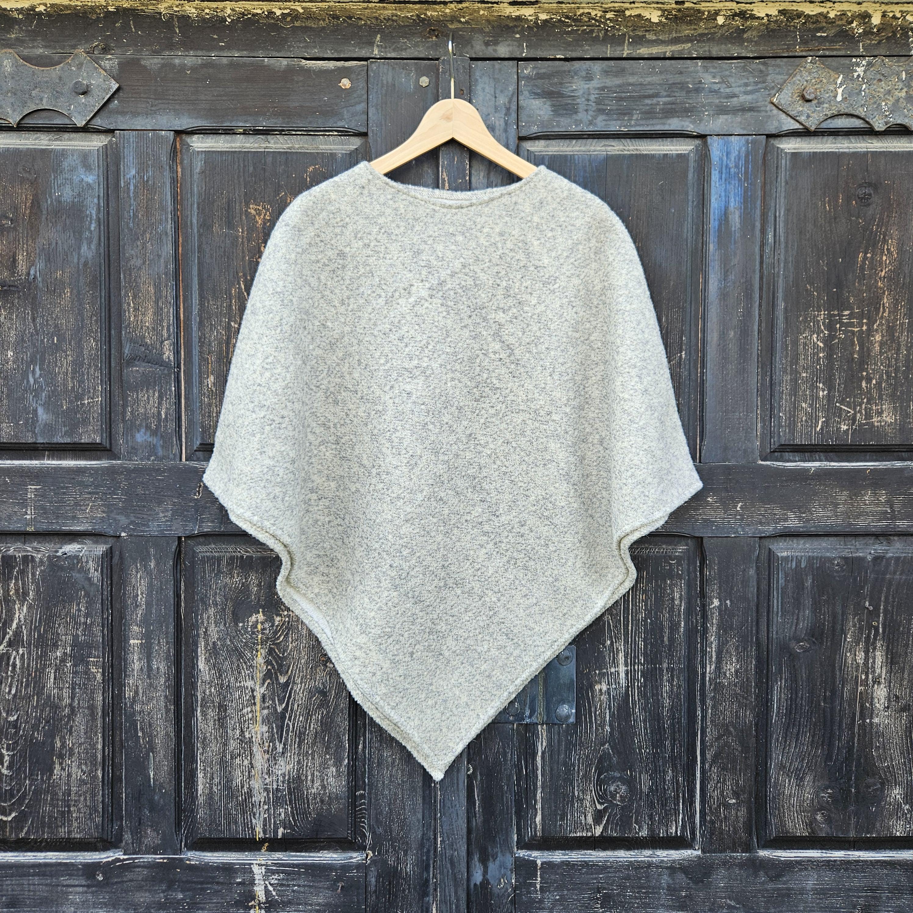 Wool Blanket Poncho - Hooded Wool Cape Grey Ruana with Fringed Shawl for Outdoor