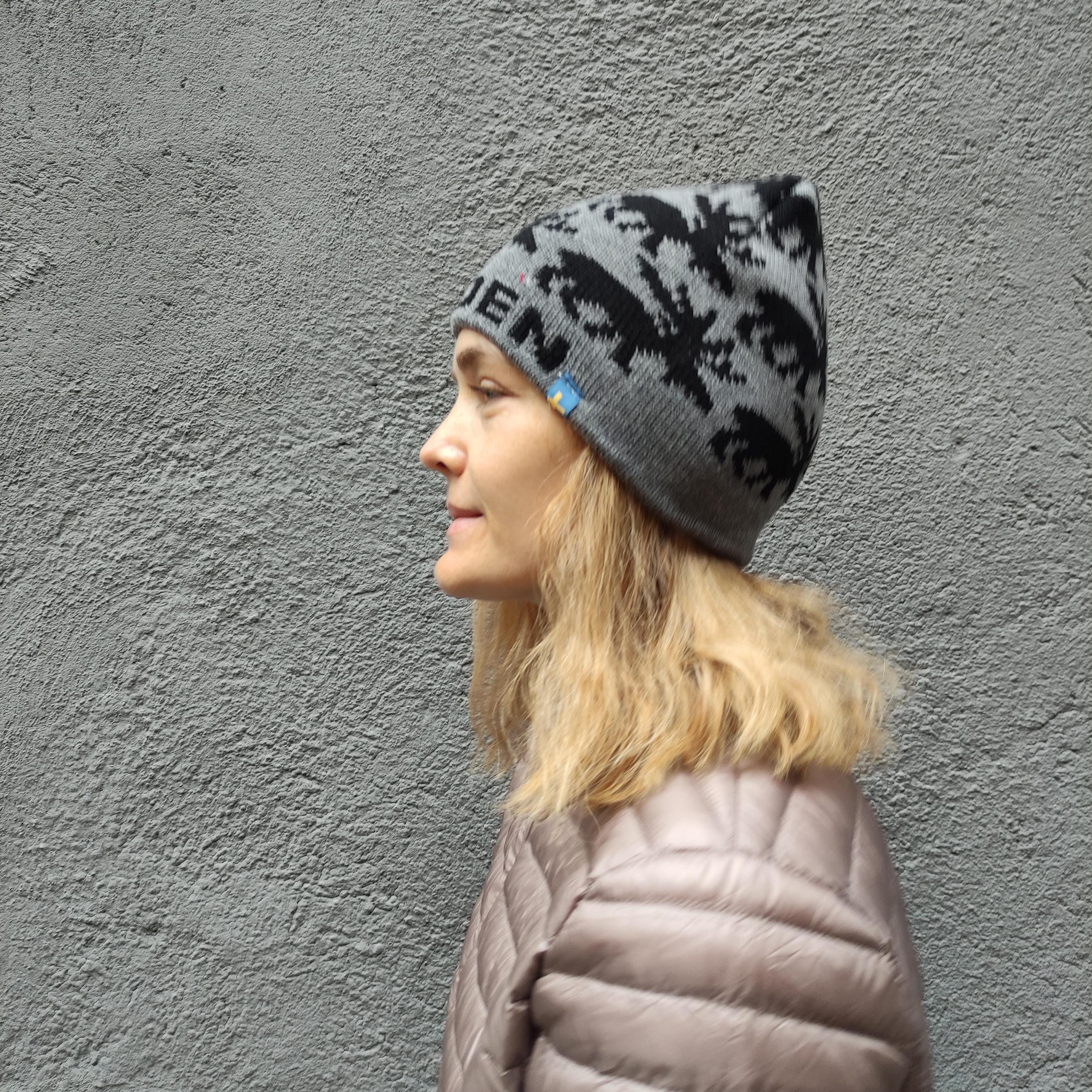 Merino Wool Beanie - Hand Knitted Scandinavian Wool Hat with Reindeer Knit Pattern