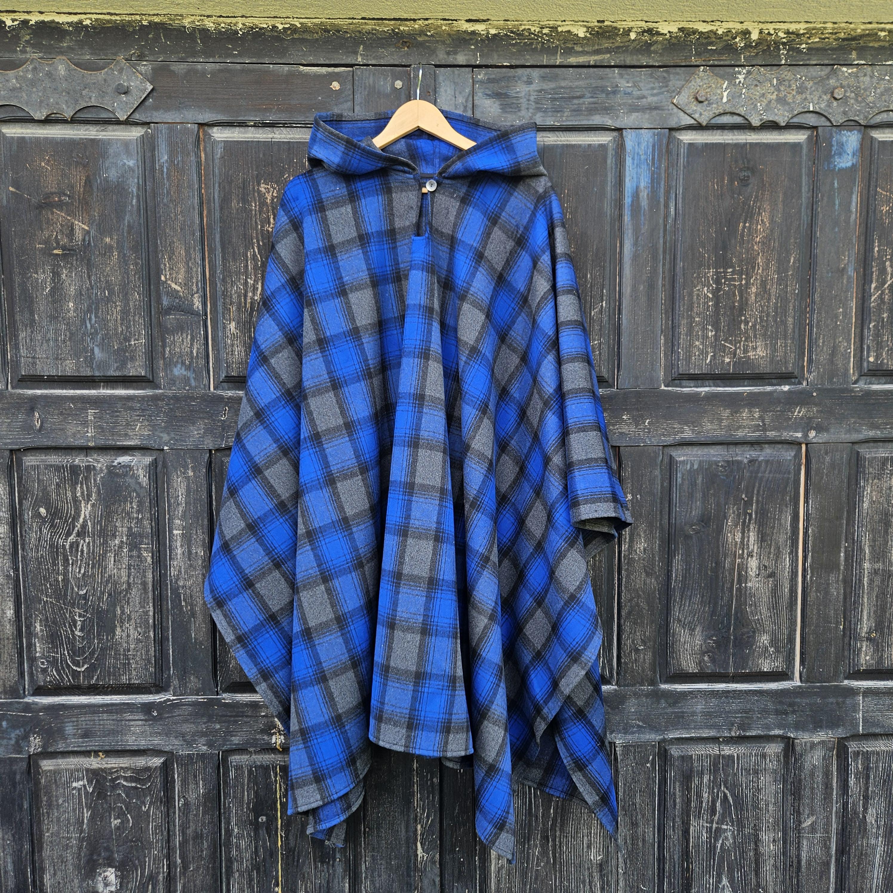 Wool Poncho Oland - Unisex Ruana Cape | Blue Wool Blanket | Comfortable Outdoor Shawl