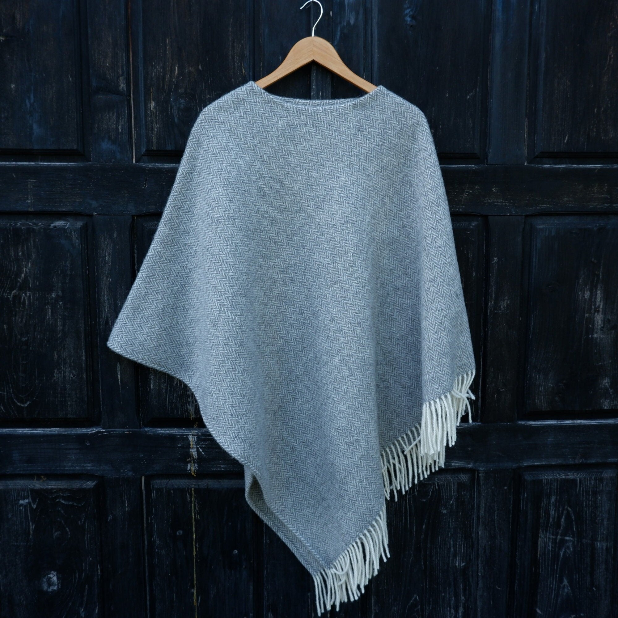 Wool Blanket Poncho Kiruna - Hooded Ruana With Fringes | Comfortable Outdoor Wool Cape