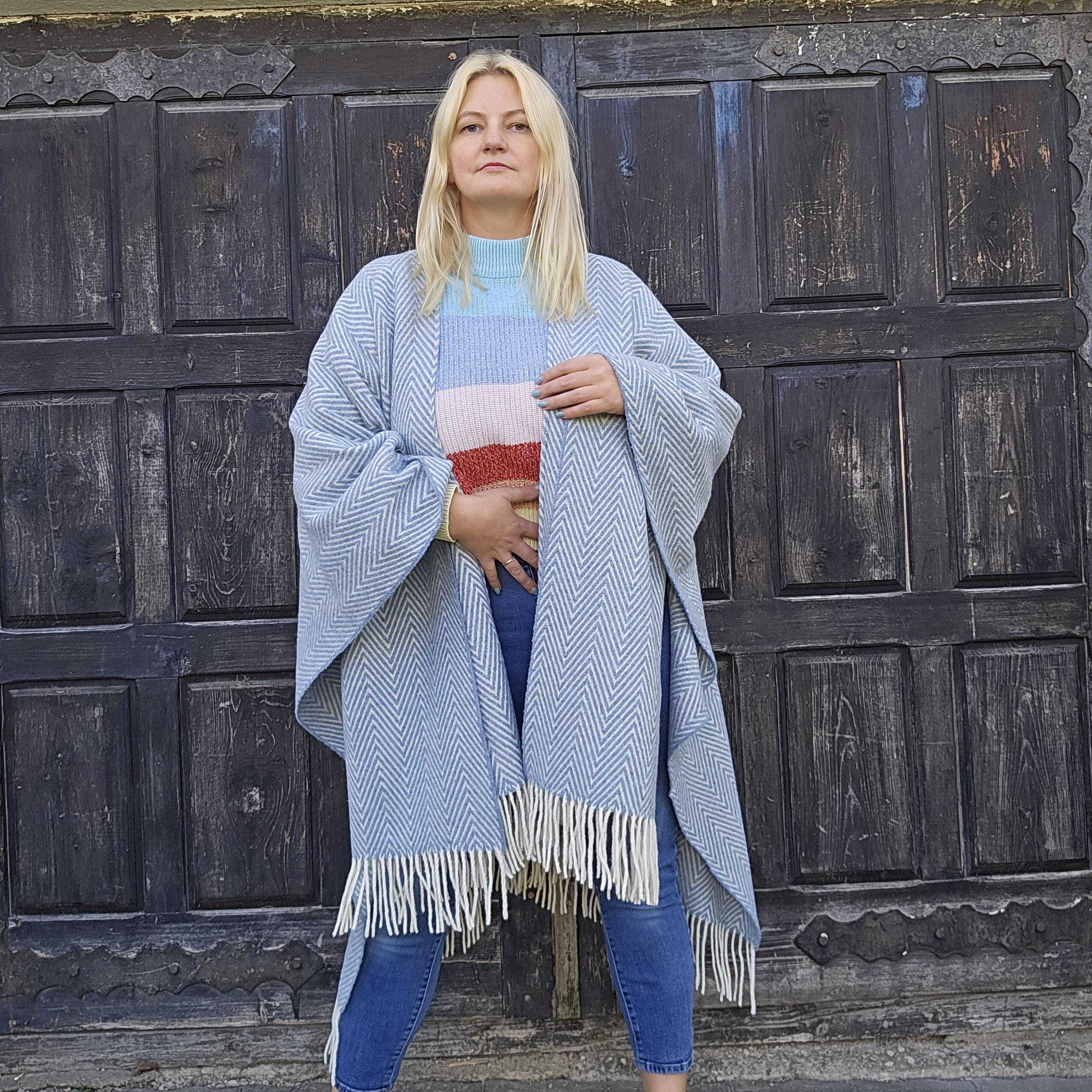 Merino Wool Poncho Umea - Soft Warm Cape | Reversible Outdoor Wool Wrap With Fringes