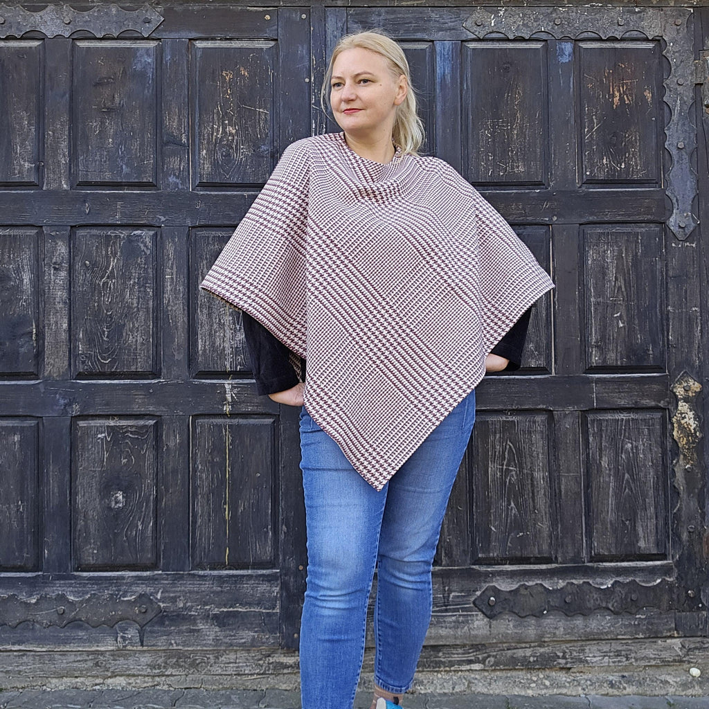 Wool Blanket Poncho - Hooded Checked Wool Ruana, Comfortable Outdoor Cape