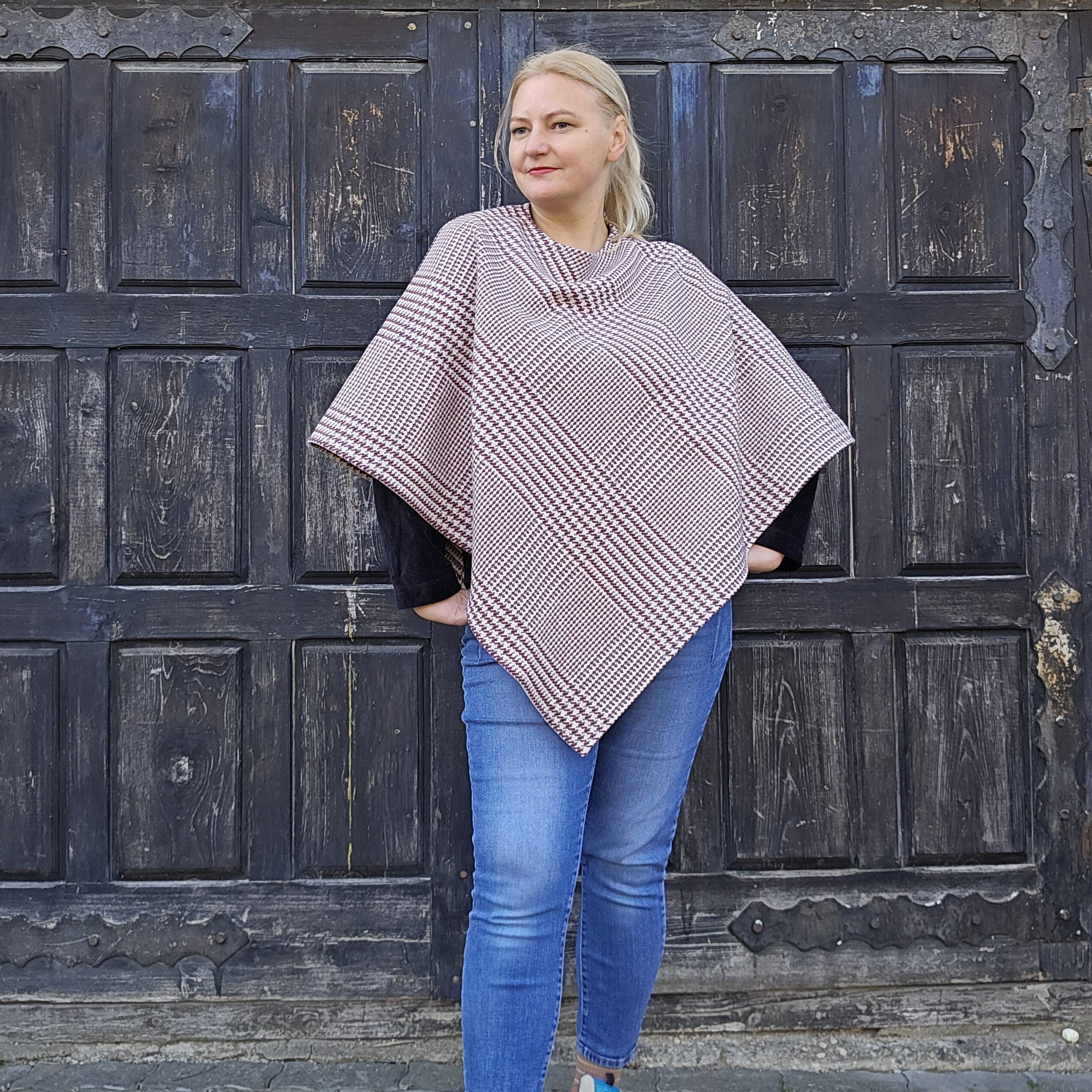 Wool Blanket Poncho - Hooded Checked Wool Ruana, Comfortable Outdoor Cape