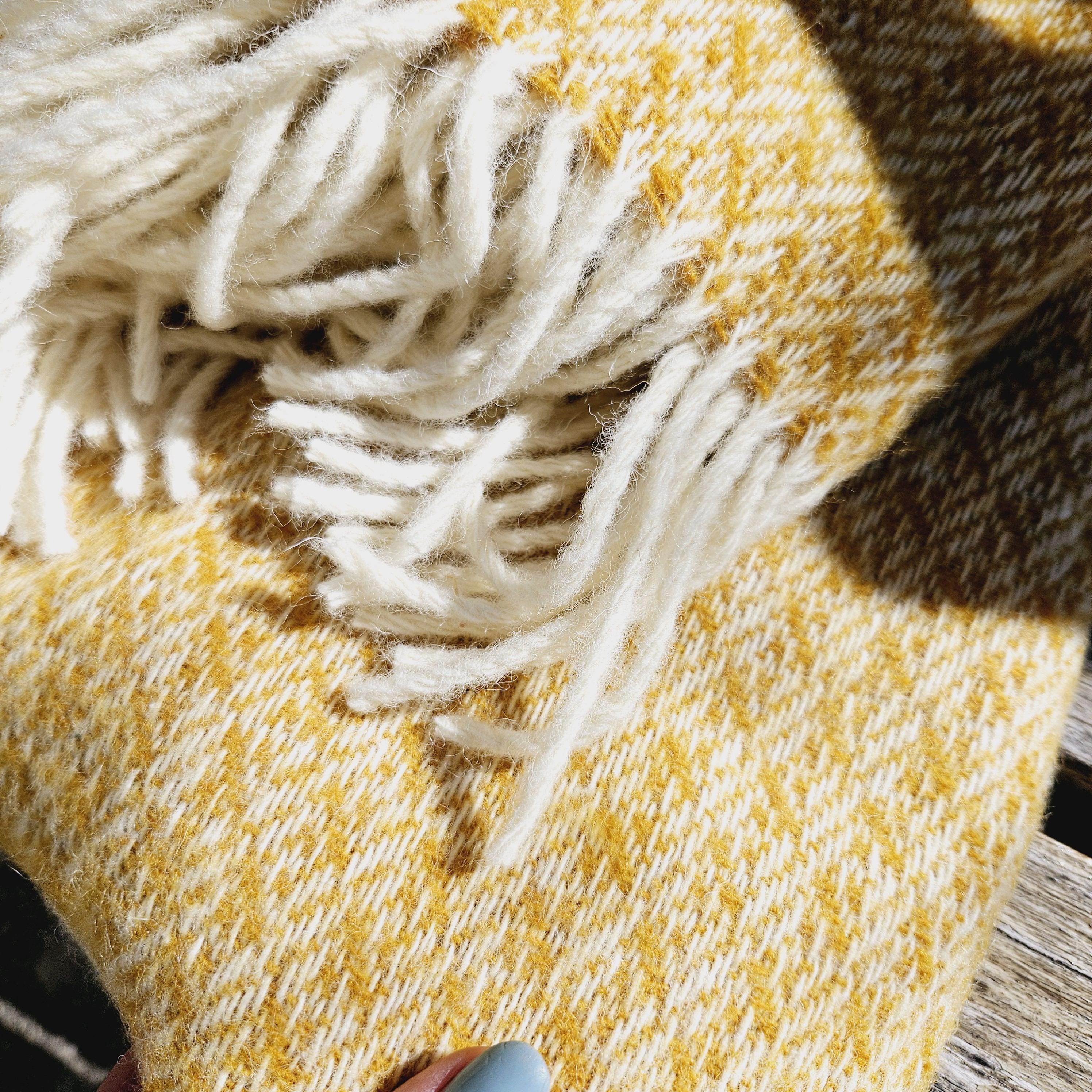 Yellow Wool Blanket – Warm Winter Blanket Reversible Plaid Throw 100% Natural Wool