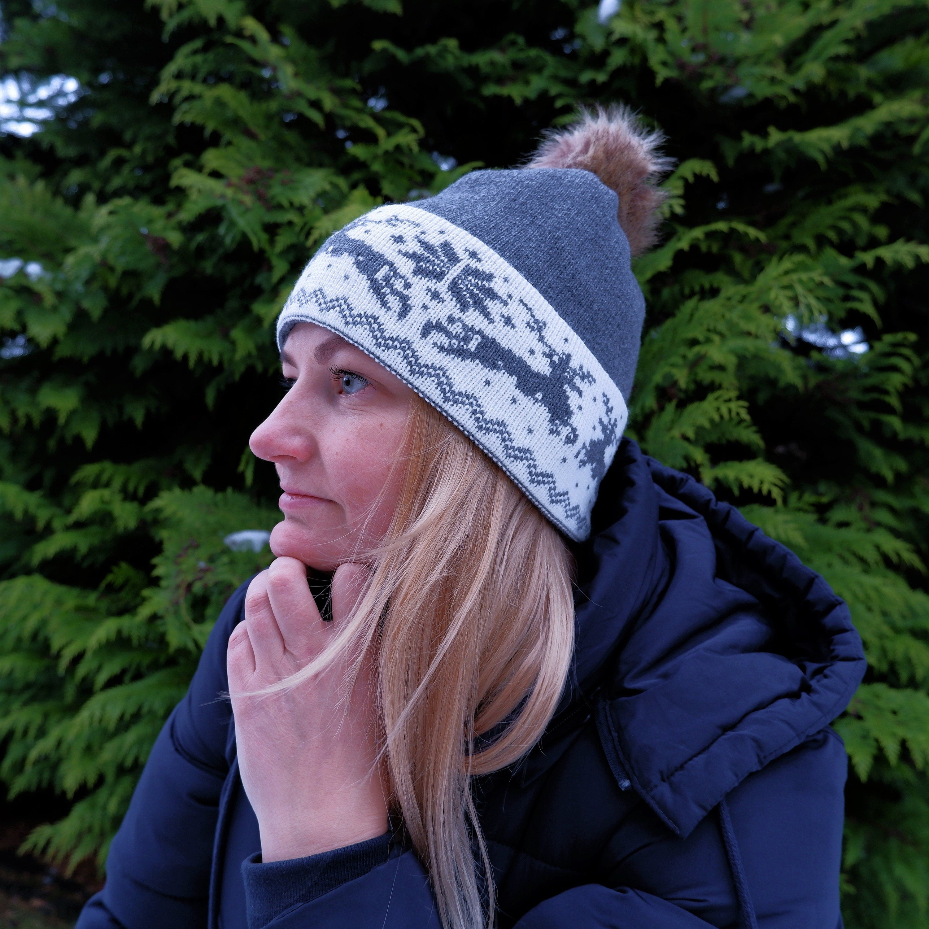 Knitted Wool Hat - 100% Merino Wool Beanie with Faux Fur Pom Pom & Moose Pattern