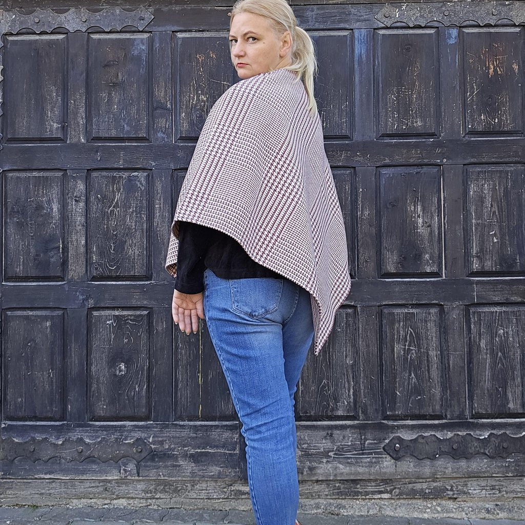 Wool Blanket Poncho - Hooded Checked Wool Ruana, Comfortable Outdoor Cape