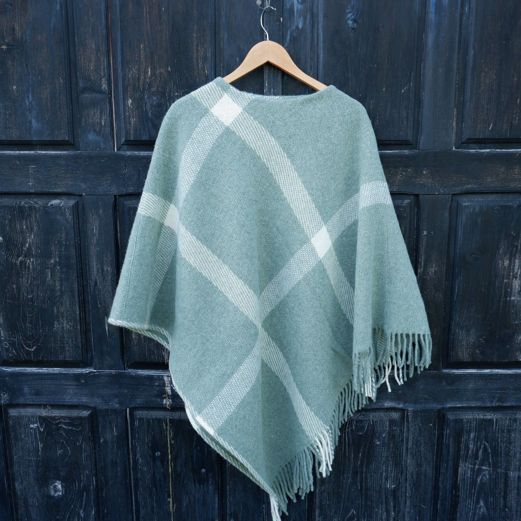 Green Wool Poncho Kiruna - Hooded Wool Blanket Cape with Fringes for Outdoor Comfort