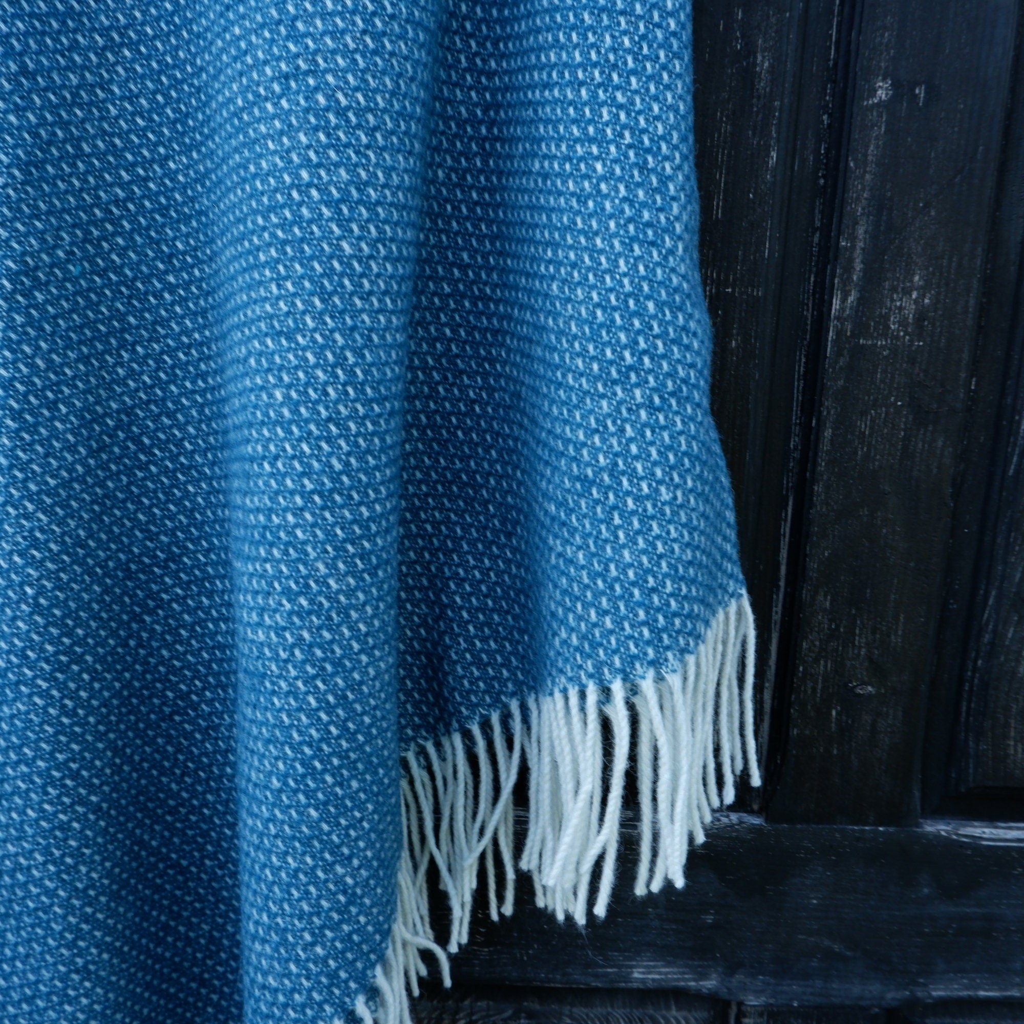 Merino Wool Poncho Kiruna – Blue Hooded Cape Ruana with Fringes, Soft Lambswool Wrap