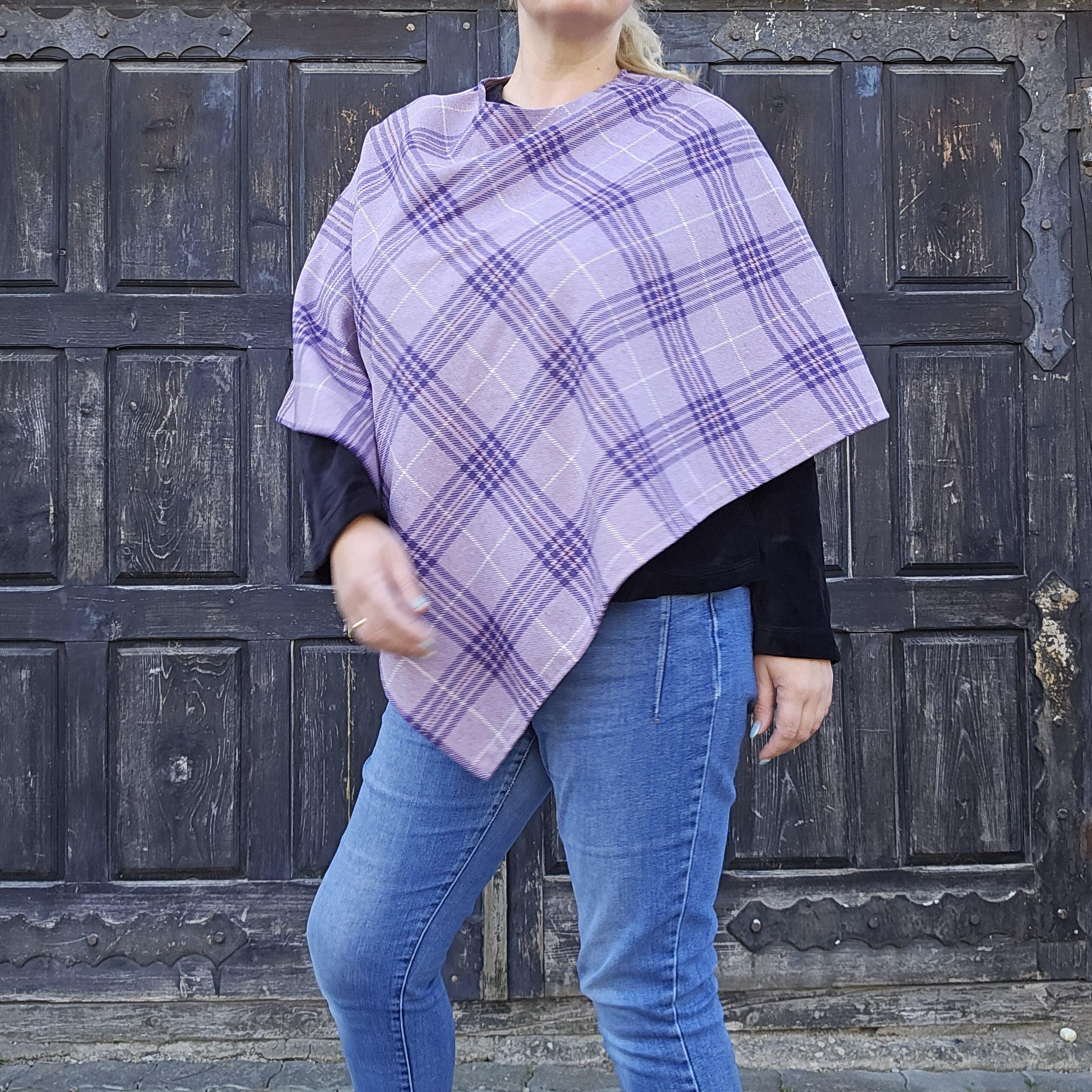 Wool Blanket Poncho - Purple Checked Hooded Wool Cape | Comfortable Outdoor Ruana