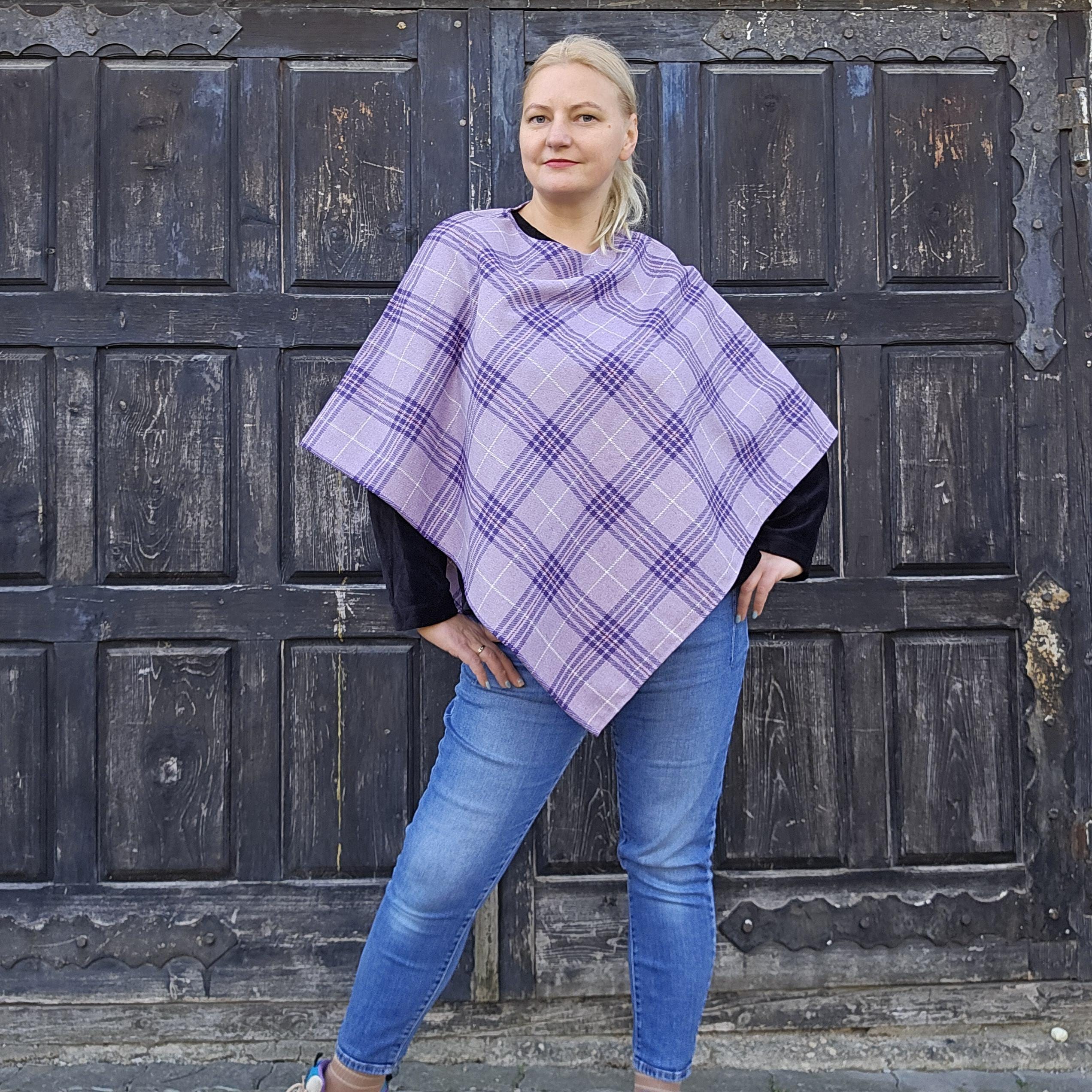 Wool Blanket Poncho - Purple Checked Hooded Wool Cape | Comfortable Outdoor Ruana