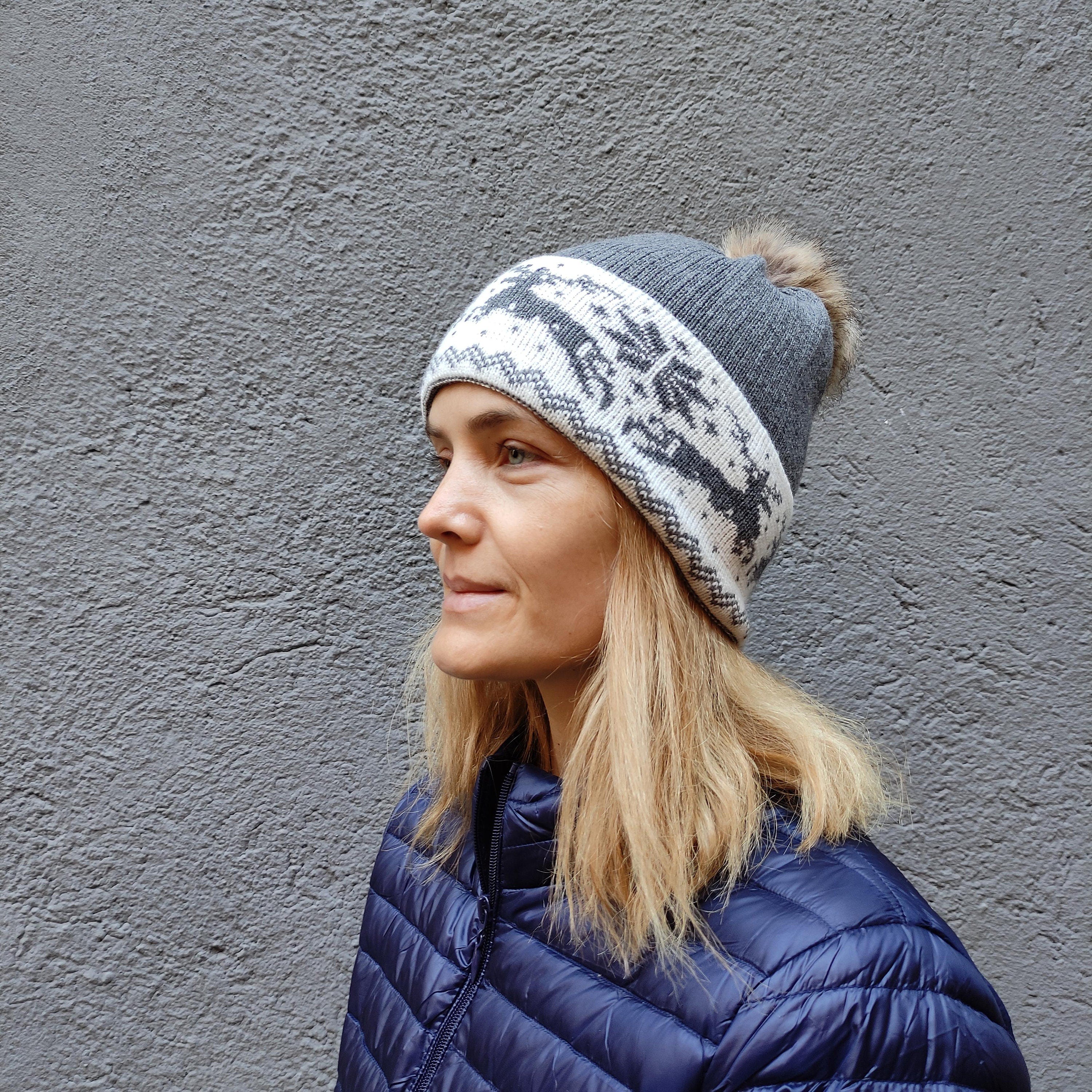 Merino Wool Knitted Beanie for Women or Men, black Wool Cap with pompom and reindeer, hand knit warm beanie, Woolen womens head accessories